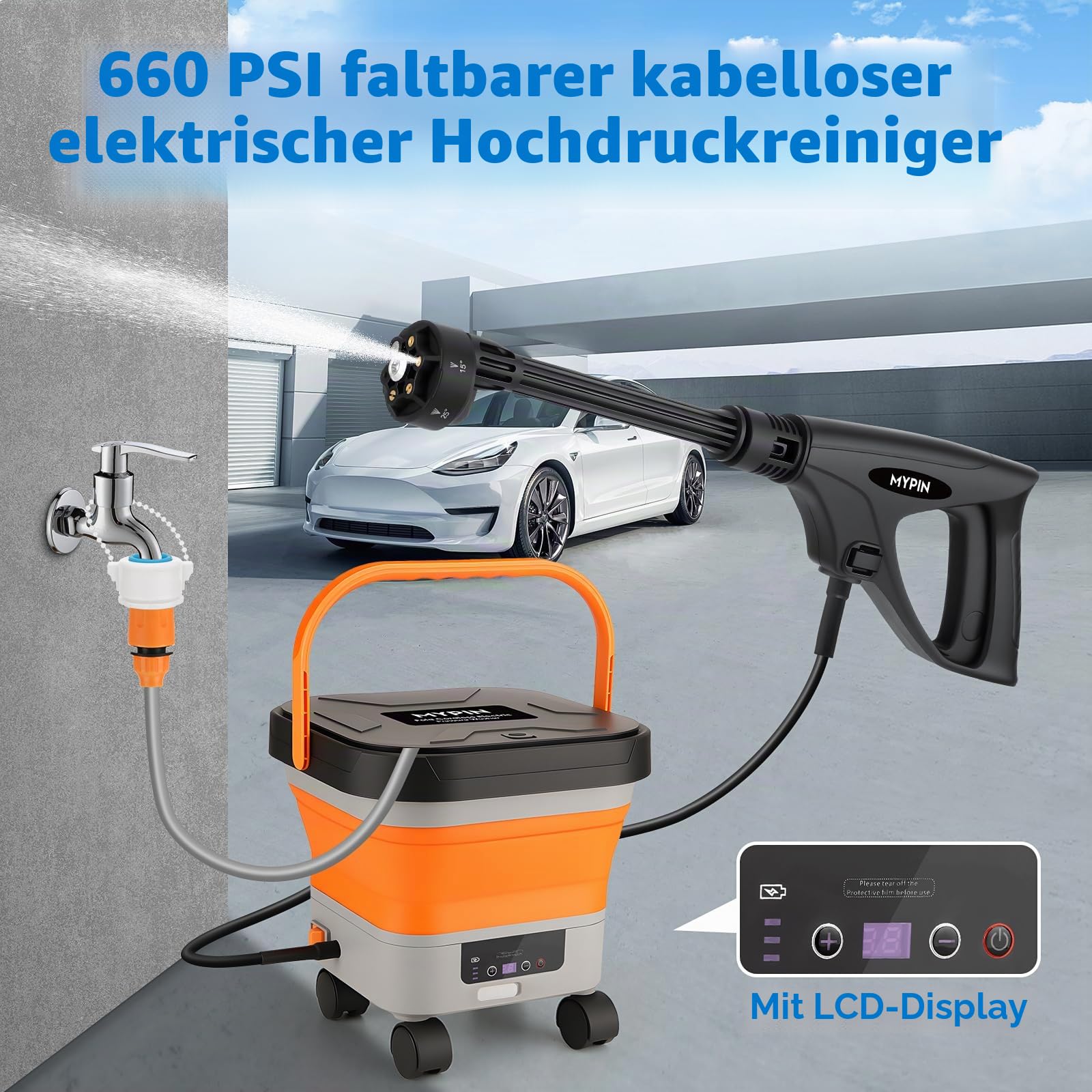 MYPIN klappbarer kabelloser Hochdruckreiniger 3.4Gallon Tank, 6-in-1 Düse, 7 einstellbare Druckstufen, Max 660 PSI, 7M Schlauch, Sprühreiniger mit Rädern für Auto Boden Wand Zaun, Haustier Reinigung