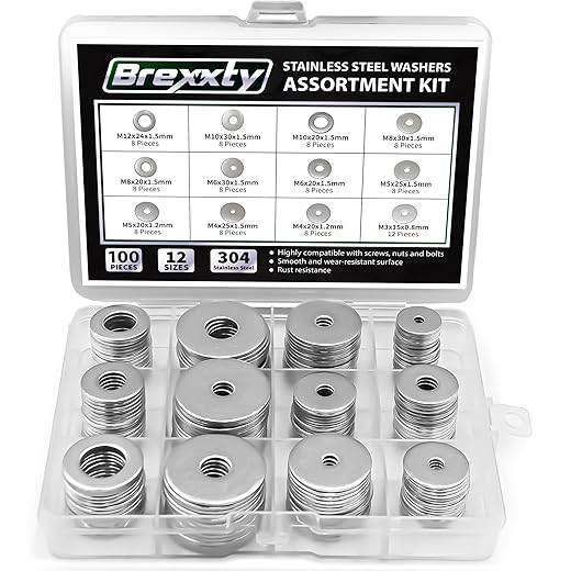Fender Washers for Screws (100 Pcs) — 304 Stainless Steel Flat Washers Assortment Kit in Different Sizes (M3 M4 M5 M6 M8 M10 M12)—for Home & Industrial Usage