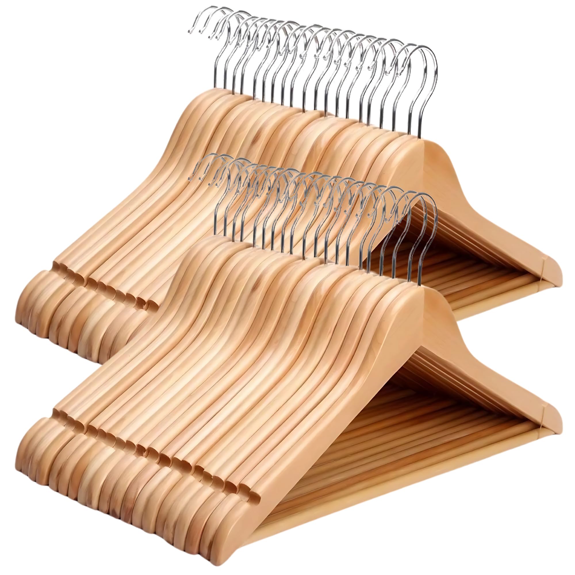 KARAN KING Coat Hangers Set - 40 Pack Wooden Hangers with Round Trouser Bar and Shoulder Notches - Strong for Suits, Trousers, Shirts & More