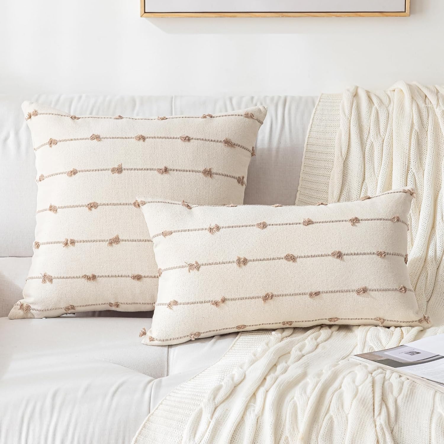 YEENAASY Boho Throw Pillow Covers 12x20 Set of 2 Modern Farmhouse Decorative Cushion Case Tufted Square Pillows Cover Neutral Pillow Cases Accent Pillowcase for Sofa,Couch,Bed,Beige and Khaki