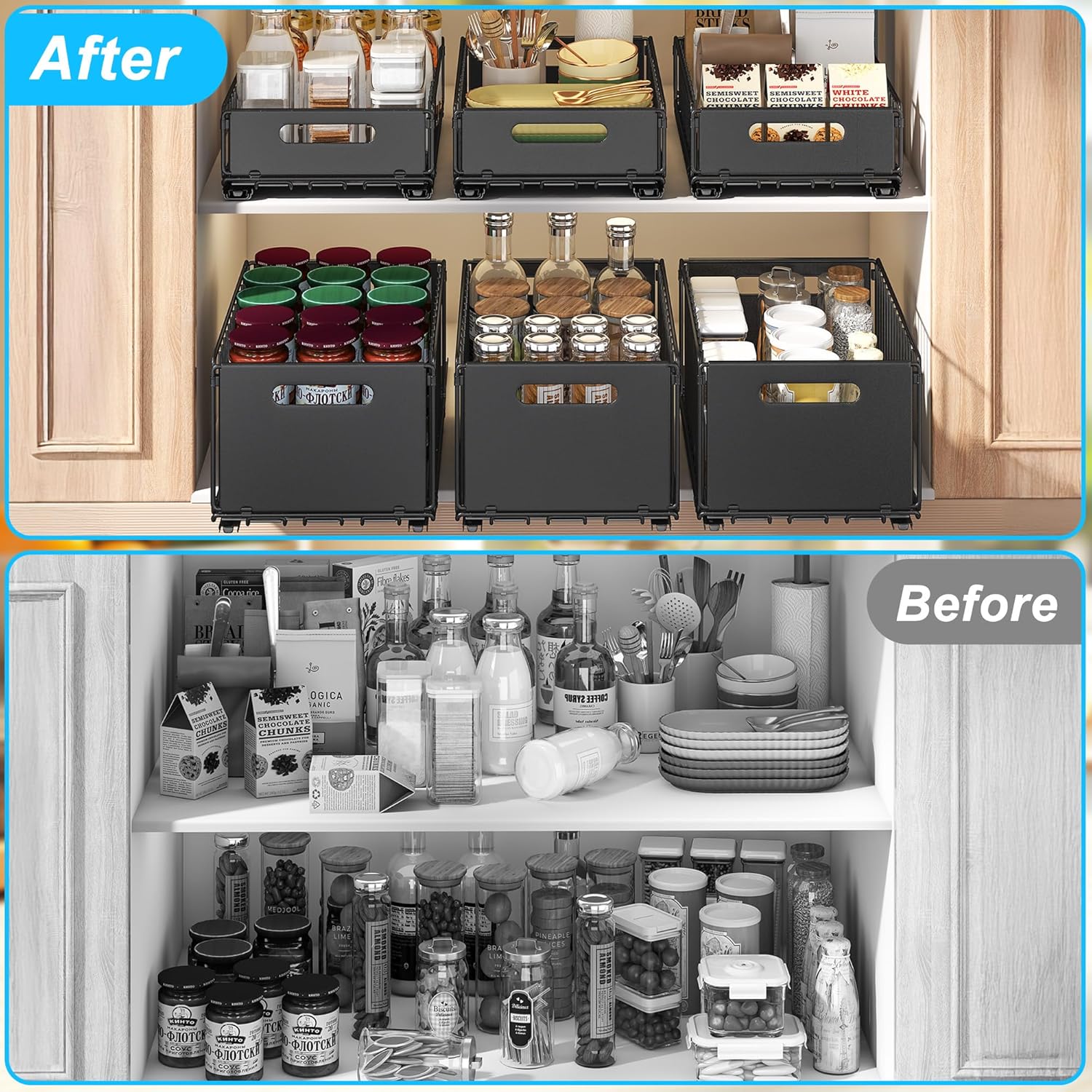 Pull Out Cabinet Organizer,Slide Out Drawers Shelves Storage,Heavy Duty Shelves Cabinet Drawers Storage for Kitchen, Cupboard,Pantry(2 Pack),Fixed with Adhesive Nano Film