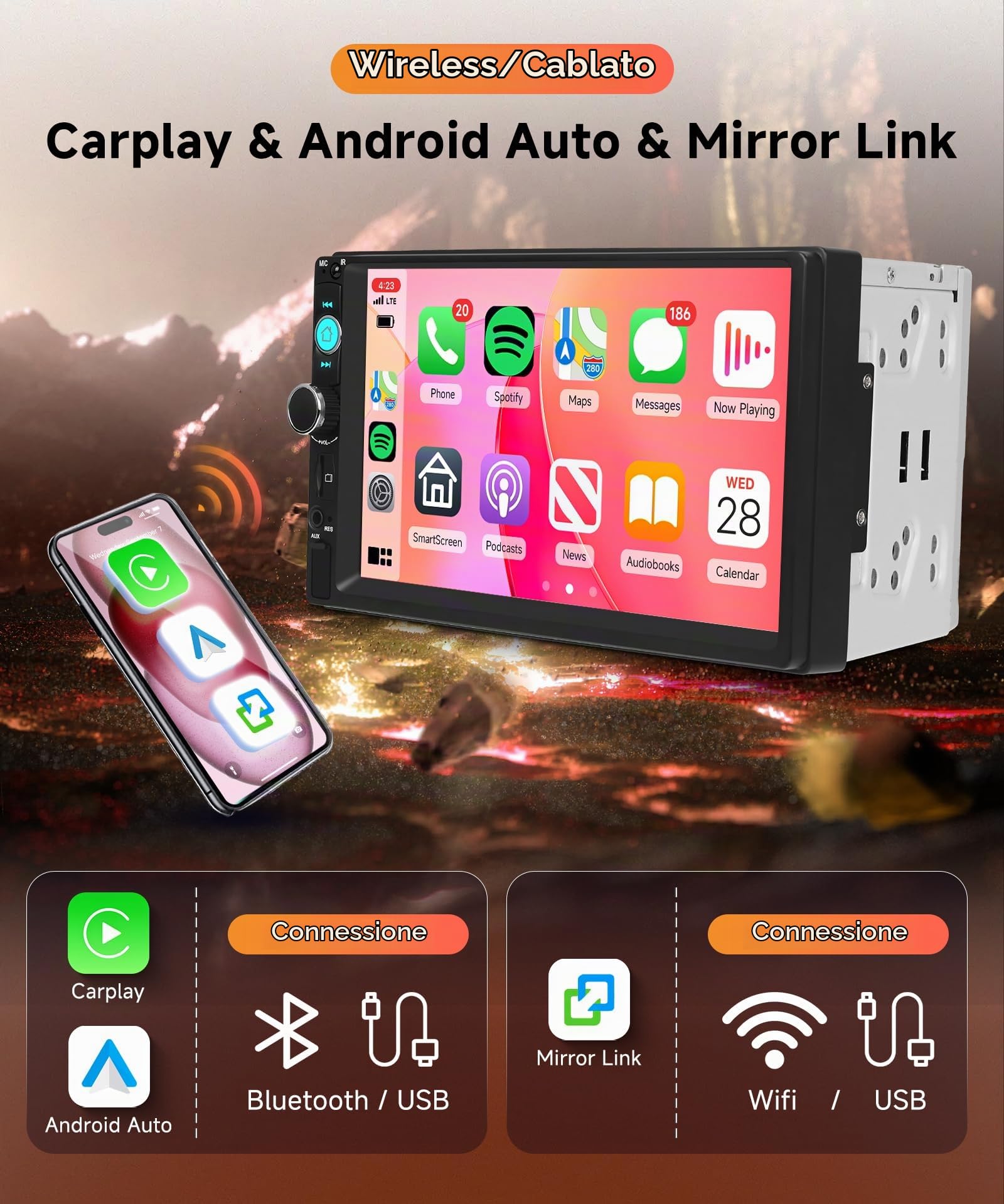 Rimoody DAB+/DAB Autoradio 2 Din con Wireless Carplay Android Auto iOS/Android Mirror Link, 7 Pollici Touchscreen Radio con Bluetooth 5.2 FM Radio USB/EQ Controllo del Volante Telecamera Posteriore