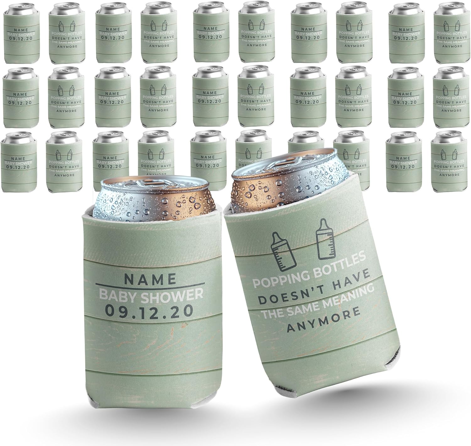 VictoryStore Custom Baby Shower Can Cooler – “Popping Bottles Doesn’t Have The Same Meaning Anymore” – Personalized Mint Design – 12oz Foam Drink Sleeve – Add Name & Date, Set of 48