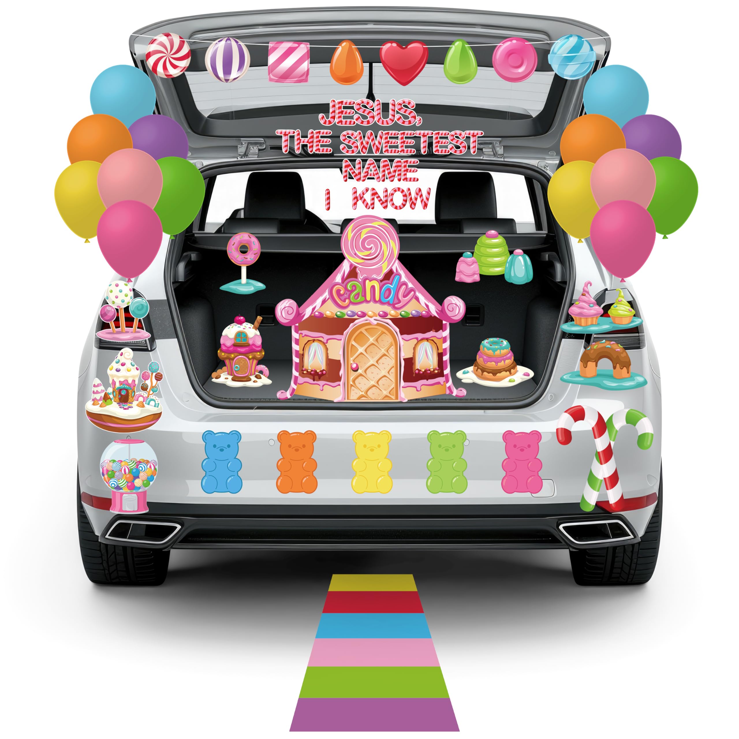 K1tpde 66PCS Halloween Candyland Trunk or Treat Outdoor Car Decoration Kit with Sweet Candy Lollipop Cutout Banner Balloons Backdrop for Car Archway Garage Door Haunted House Decoration Party Supplies