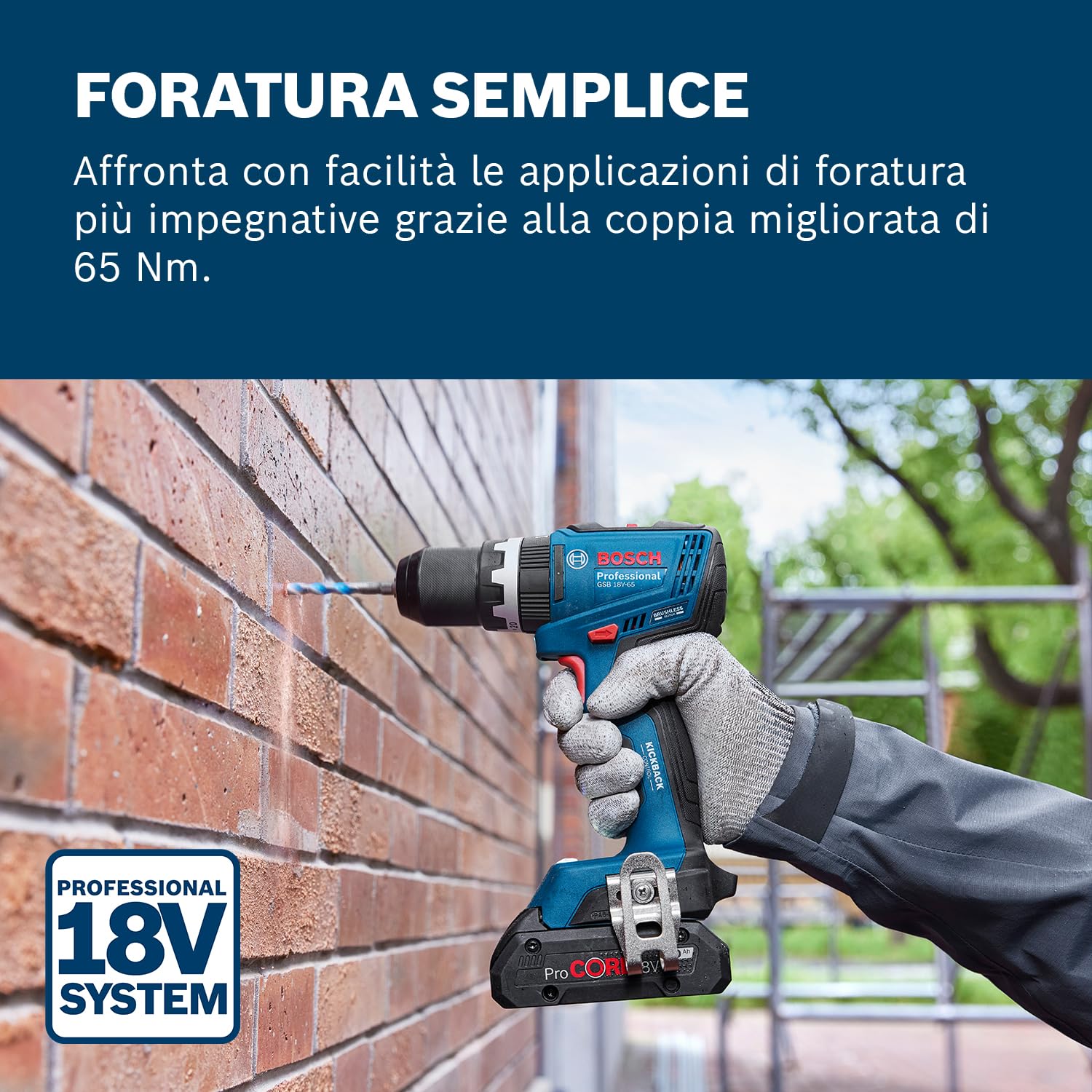 Bosch Professional 18V System Trapano-avvitatore a batteria GSB 18V-65 (incl. 2 batterie GBA 2.0Ah, caricabatteria GAL 18V-40, 1 set avvitatori CA, L-Case) - 2