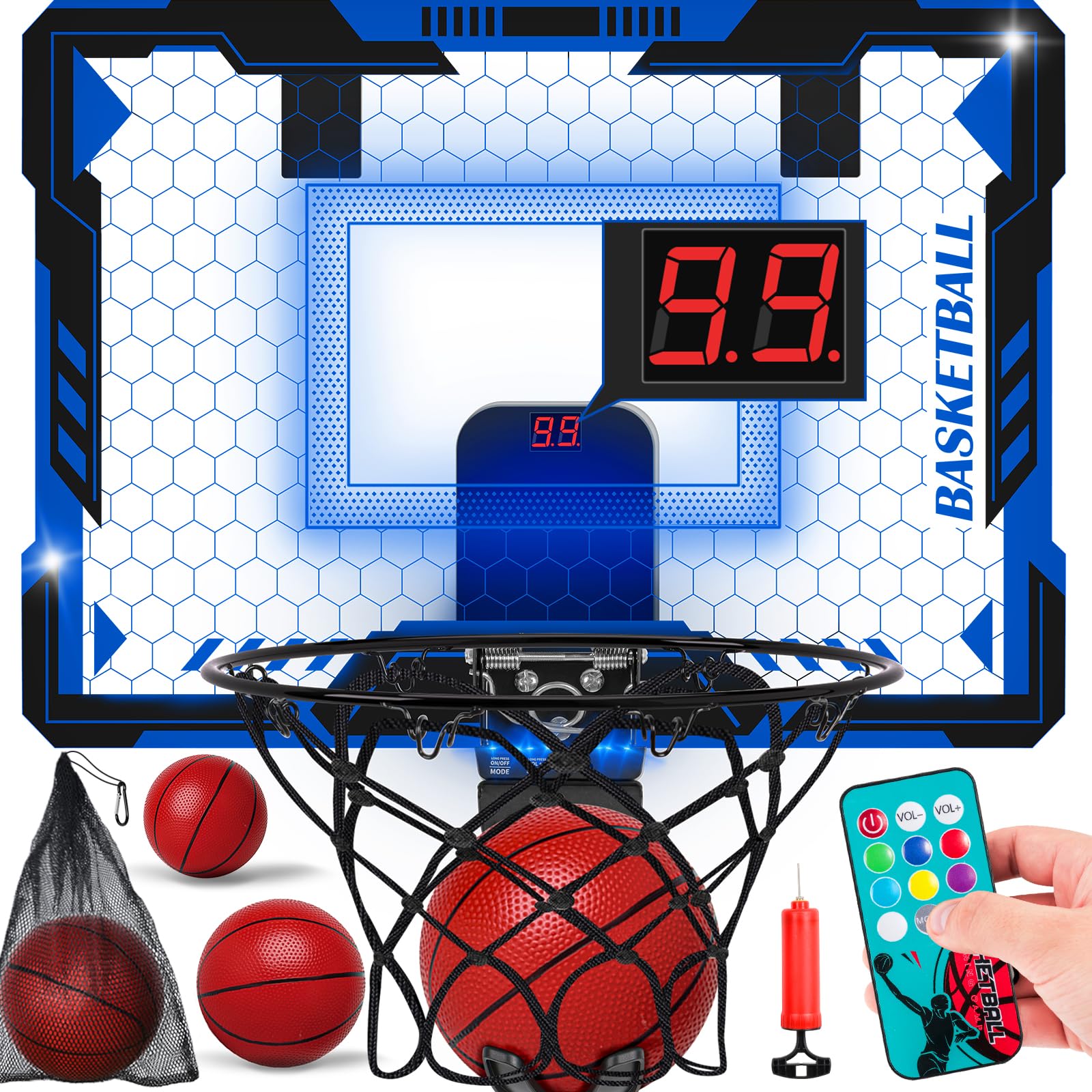 Remote Control Basketball Hoop Indoor for Kids-Over The Door Basketball Hoop with LED Light, Scoreboard, 4 Balls, Air Pump, Bag, Mini Hoop Gift Sport