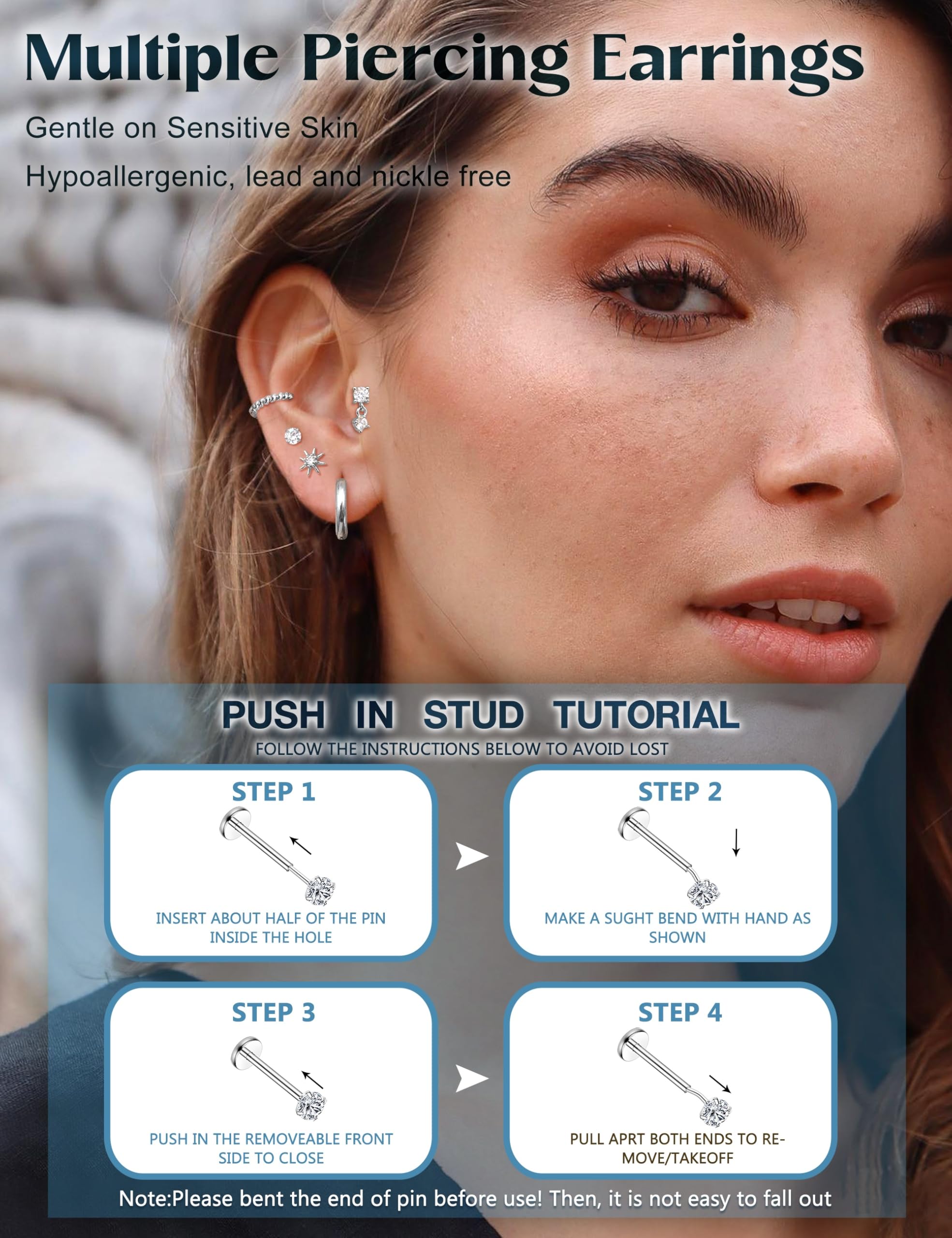 GXNRHG Biżuteria do piercingu Helix Zestaw do przekłuwania tragusa ze stali chirurgicznej Bezgwintowy wciskany płaski tył Labret Kolczyki do nosa Kolczyki na chrząstkę Obręcze Srebrna złota muszla