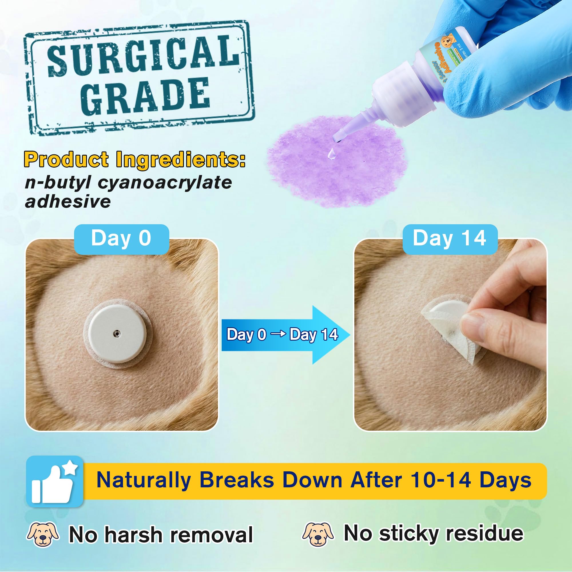 3ml Veterinary Surgical Skin Glue with 10 Applicators, Fast Acting Wound Tissue Glue Sealant, CGM Sensor Adhesive for Pet with Blue Tint for Precise Application, Stay Secure for 10-14 Days — Amazon image 7