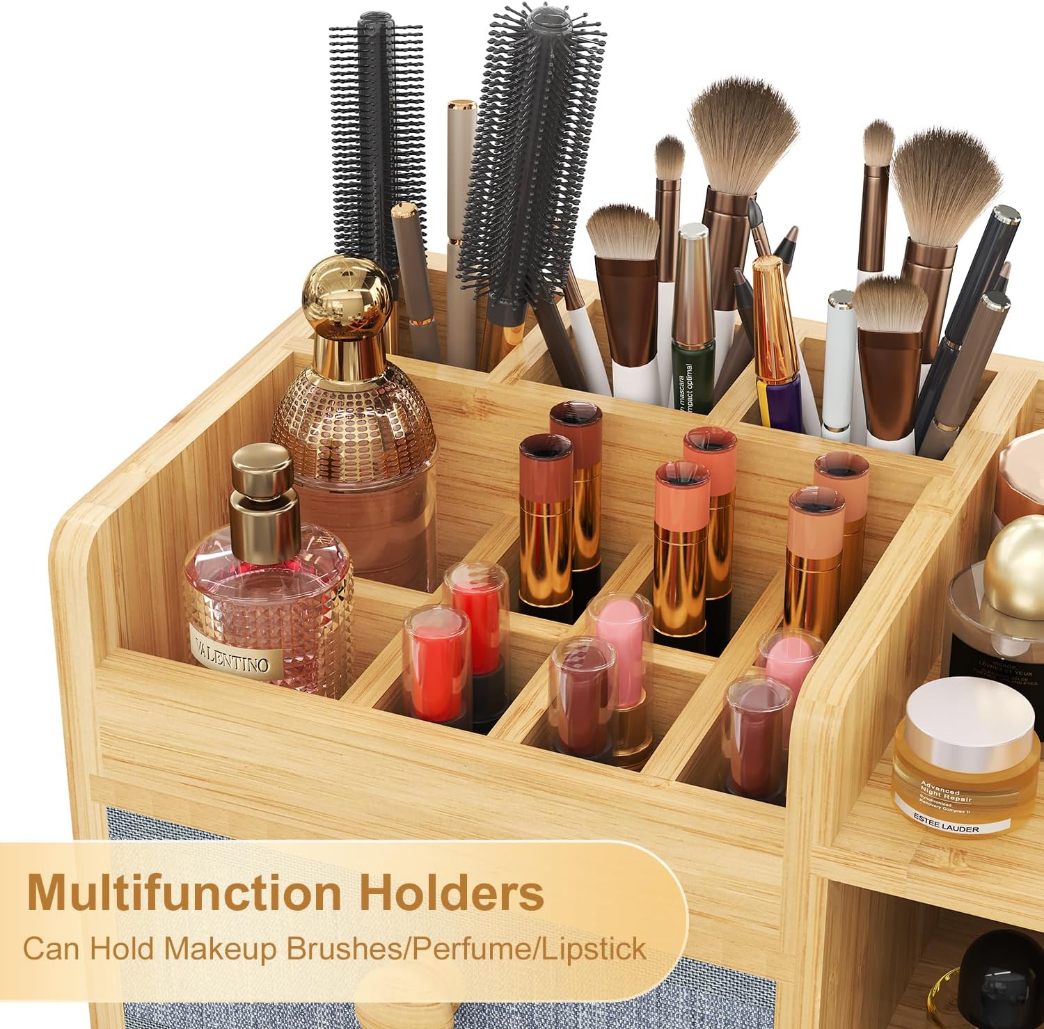 Large Makeup Organizer Countertop For Vanity Dresser, Bamboo Bathroom Counter Organizers And Storage,Cosmetic Skincare Perfume Organizer With 3 Makeup Brush Holder/2 Drawers/5 Shelves /8 Compartments