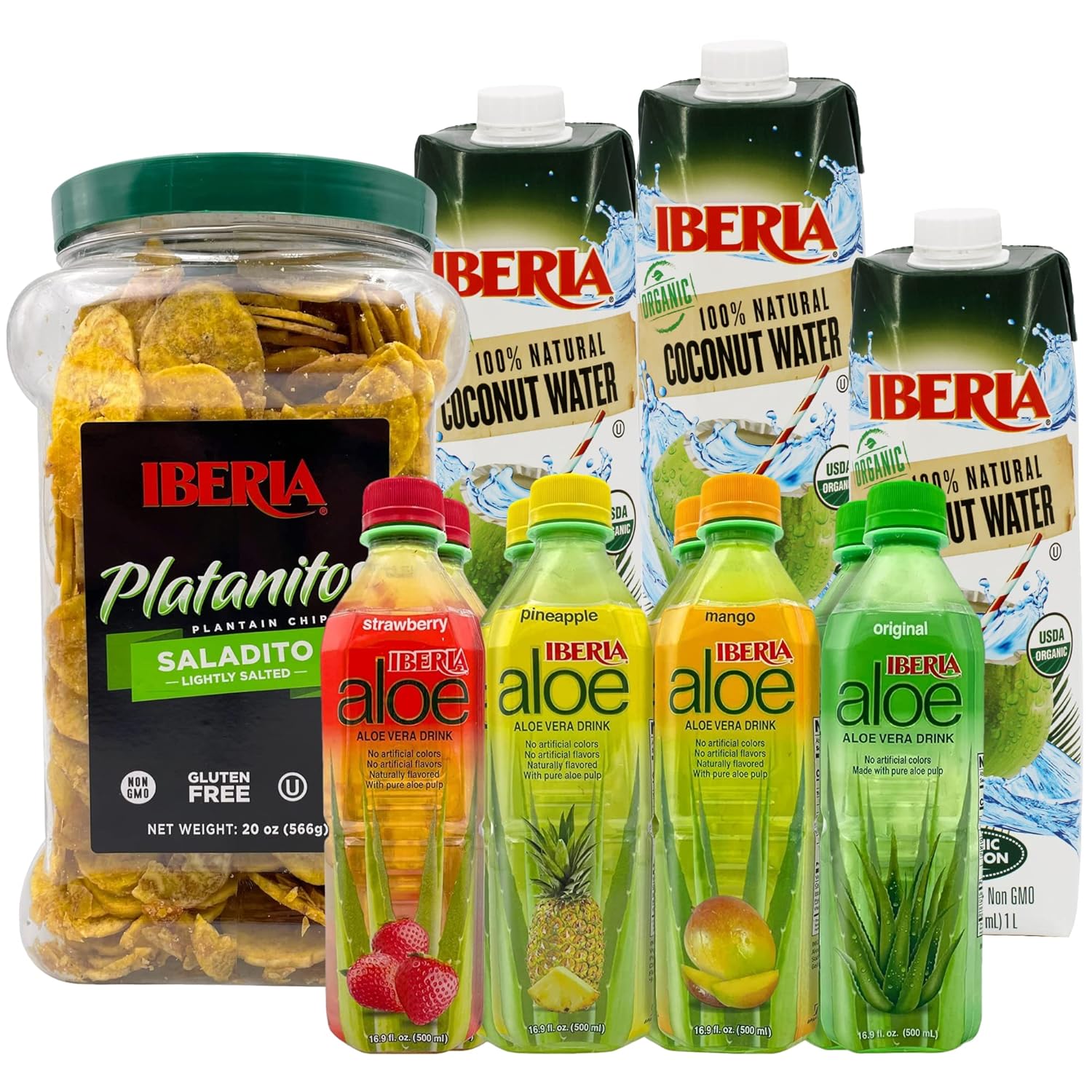 Iberia Snacks Gift Pack - Iberia Organic Coconut Water, 1 Liter (Pack of 3), Iberia Aloe Vera Drink with Pulp, Variety Pack, (Pack of 8), Iberia Lightly Salted Plantain Chips, 1.75 lb.