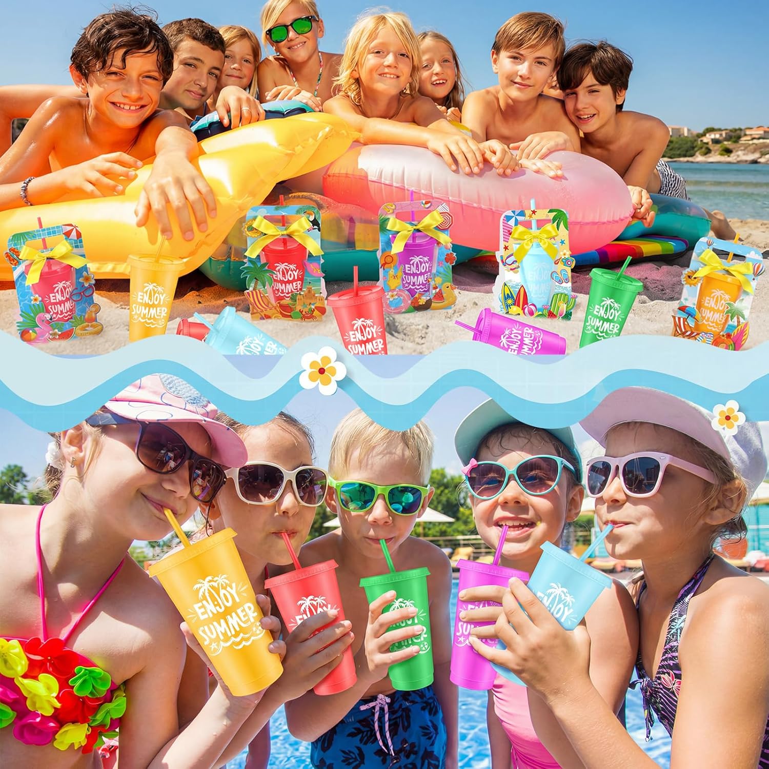 Honeydak 12 Set End of Year Gifts for Students Summer Plastic Tumbler Bulk 24 oz Summer Plastic Tumblers with Lid and Straw Gift Holders Ribbons Cups for Graduation Beach Pool Party Supplies
