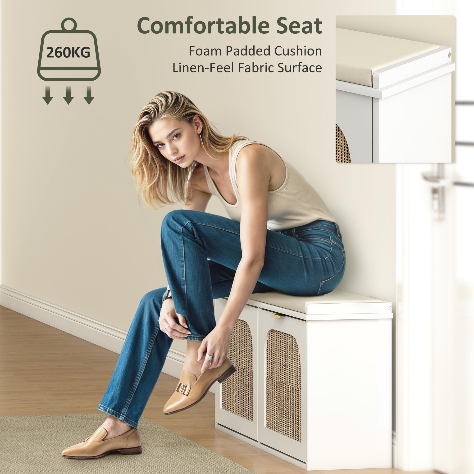 HOMCOM Banco estrecho para zapatos con asiento acolchado y 2 cajones abatibles, banco de almacenamiento de zapatos bohemio con puertas de ratán y estantes ajustables para pasillo, entrada, capacidad