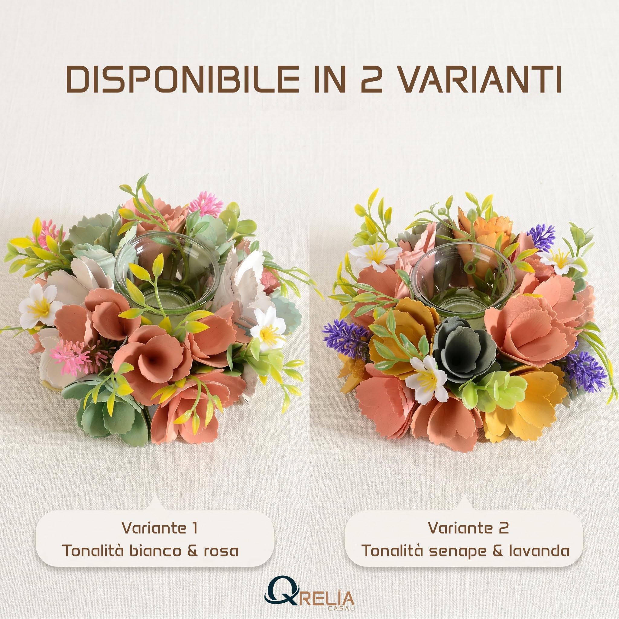 Casa Set 2 Centrotavola Fiori Legno Portacandela Rosa Bianco | Qrelia Casa - set 2 centrotavola fiori legno con vasetto portacandela in vetro, tealight standard