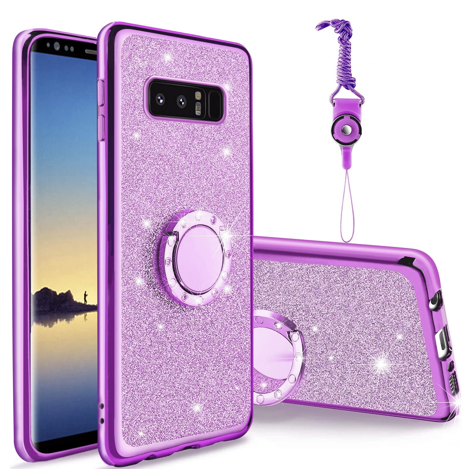 Easyscen for Samsung Note 8 Case 6.3-inch, for Galaxy Note 8 Shockproof Protective Cover with Strap Lanyard Ring Holder Cute Girls Women Glitter Sparkle Phone Case for Samsung Galaxy Note 8 - Purple