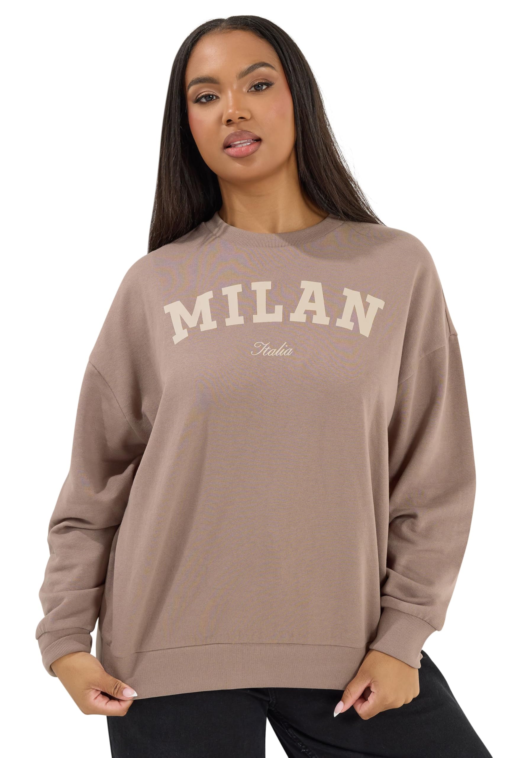 Yours Curve 'Milan' Slogan Sweatshirt - Women's - Plus Size Curve Brown