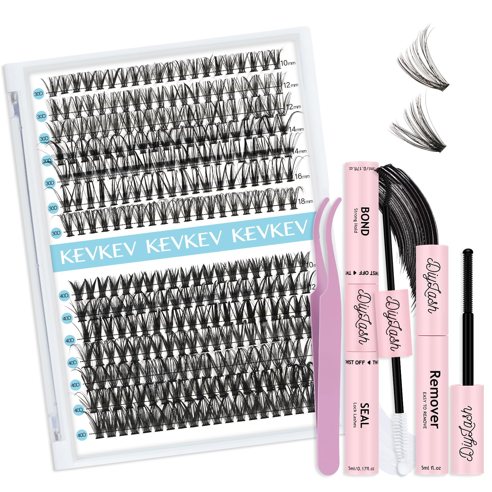 KevKev Lash Clusters Kit Eyelash Extension Kit 280pcs Eyelash Clusters DIY Lash Extension Kit Wispy Cluster Eyelash Extensions with Lash Bond and Seal
