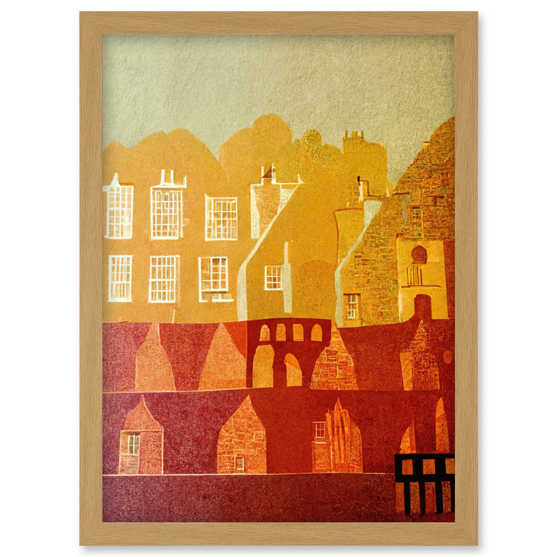 Wee Blue Coo Vintage Folk Art Mid Century Cityscape Abstract Artwork Framed Wall Art Print A4