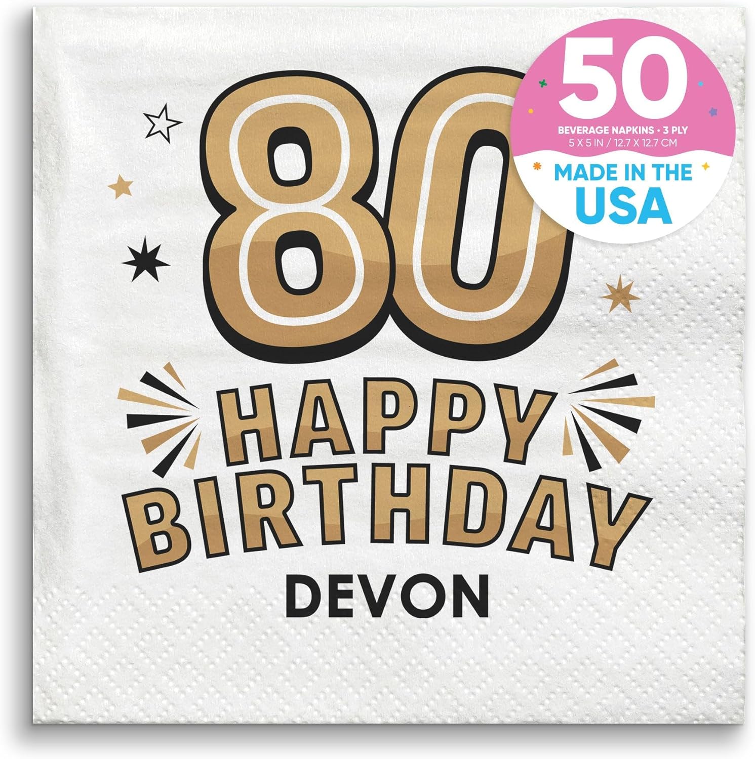 Big Dot of Happiness Personalized 80th Birthday Napkins, Custom Black & Gold Happy Birthday Party Decor, White 3-Ply Paper Beverage Napkins - 50 Count