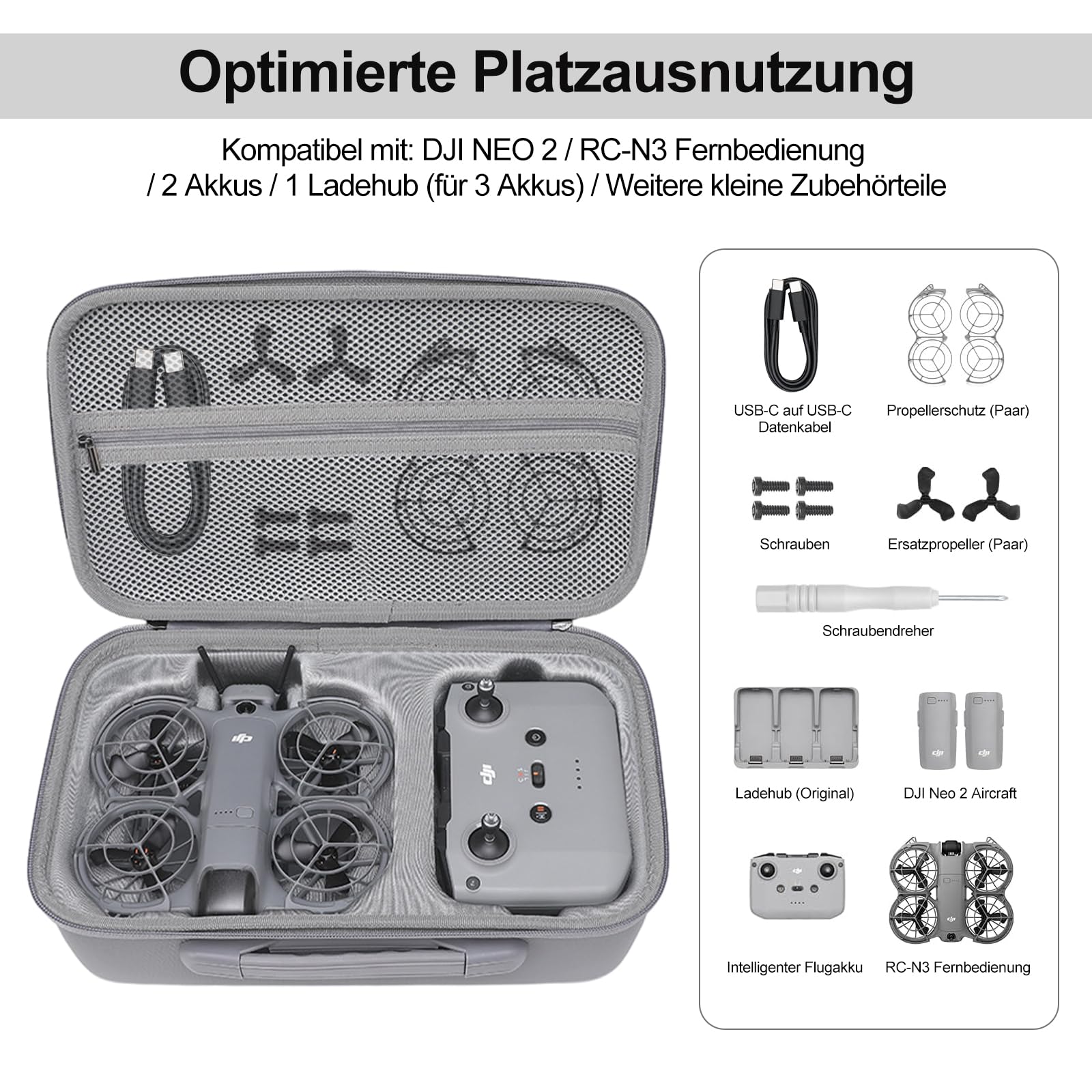 Tasche für DJI NEO 2, Harte Tasche für DJI Neo 2 Fly More Combo, Tragetasche für Neo 2 Fly More Combo Zubehör, Handtasche Case für Neo 2 Drohne RC-N3 Controller Bag, Akku-Ladegerät-Hub