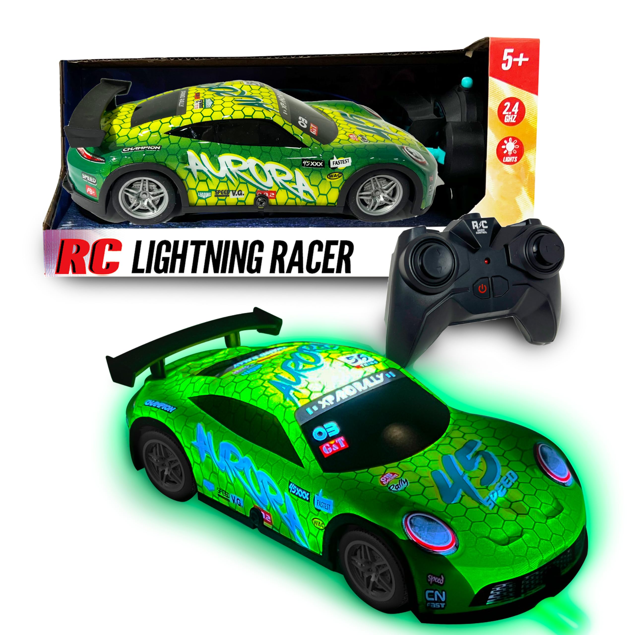 Nature Bound RC Lightning Racer - High-Speed, Light Up Chassis, Radio Controlled Race Car, 1:40 Scale, Blue (Green)