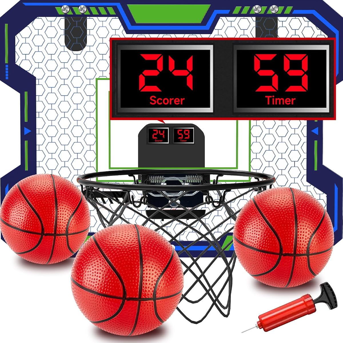 Aro de baloncesto interior para niños (4-12 años), aro de baloncesto sobre la puerta con puntuación, cuenta regresiva y acompañamiento musical, juguetes navideños