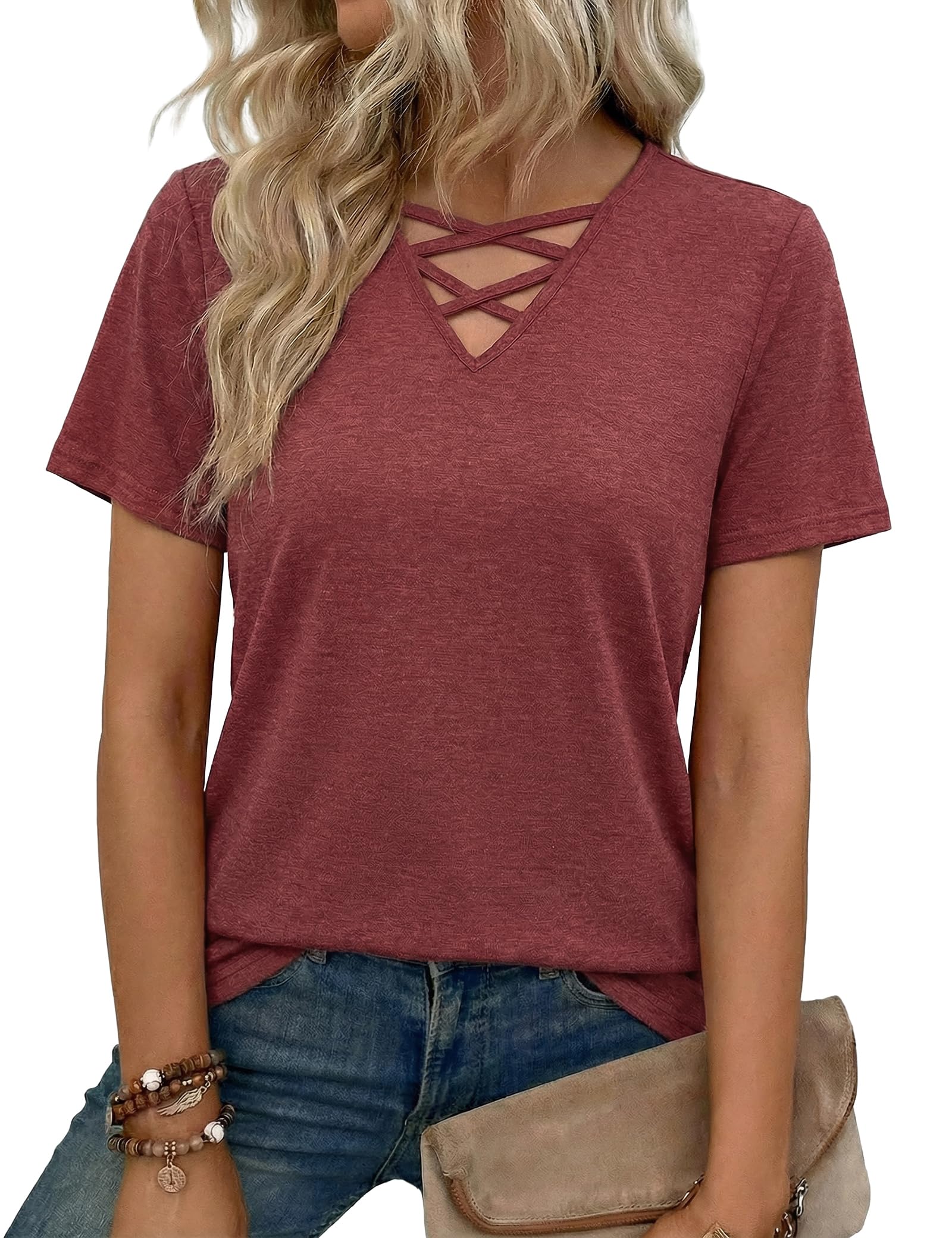 Totatuit Damen T Shirt mit V Ausschnitt Sommer Kurzarm Casual Lockere Basic Oberteile Lässig Shirts Solide Top