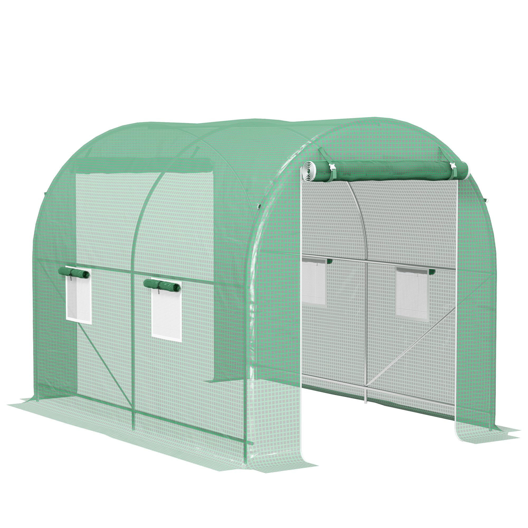 Outsunny Serra da giardino tunnel telaio tubolare rinforzato porta con cerniera finestre arrotolabili verde (300x200x205cm)