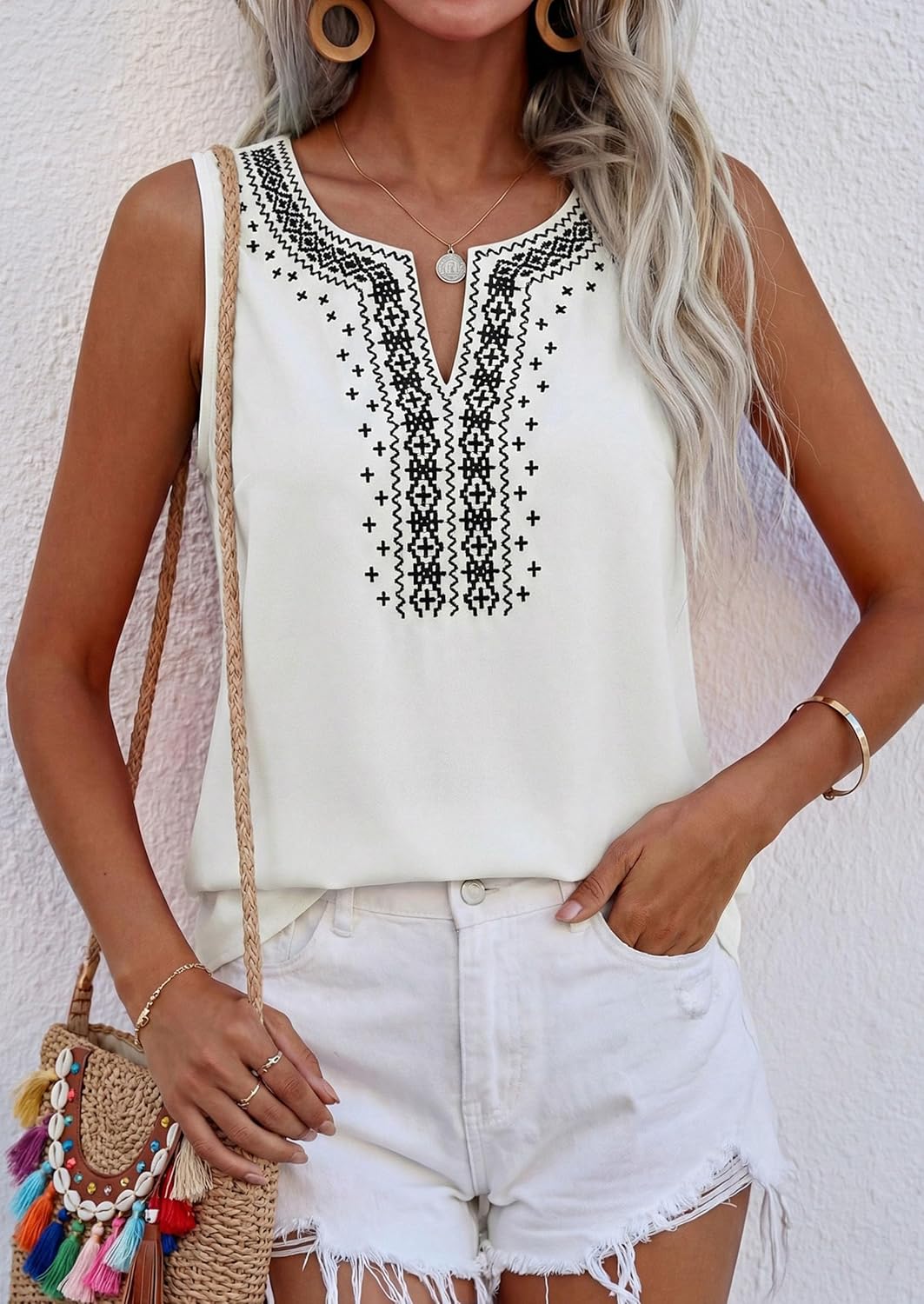 PRETTYGARDEN Womens Tank Tops 2026 Summer Causal V Neck Sleeveless Shirts Floral Print Embroidered Beach Vacation Boho Top - Image 5