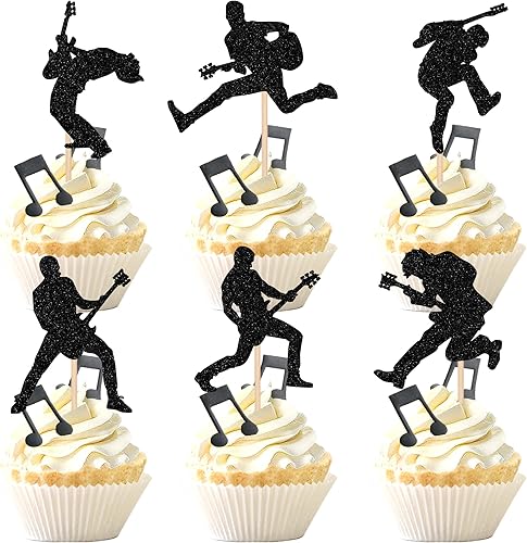 Miniatura 8 de 36 piezas de notas musicales para cupcakes, purpurina negra, símbolo musical retro rock, selecciones de cupcakes, música rock, concierto, tema de