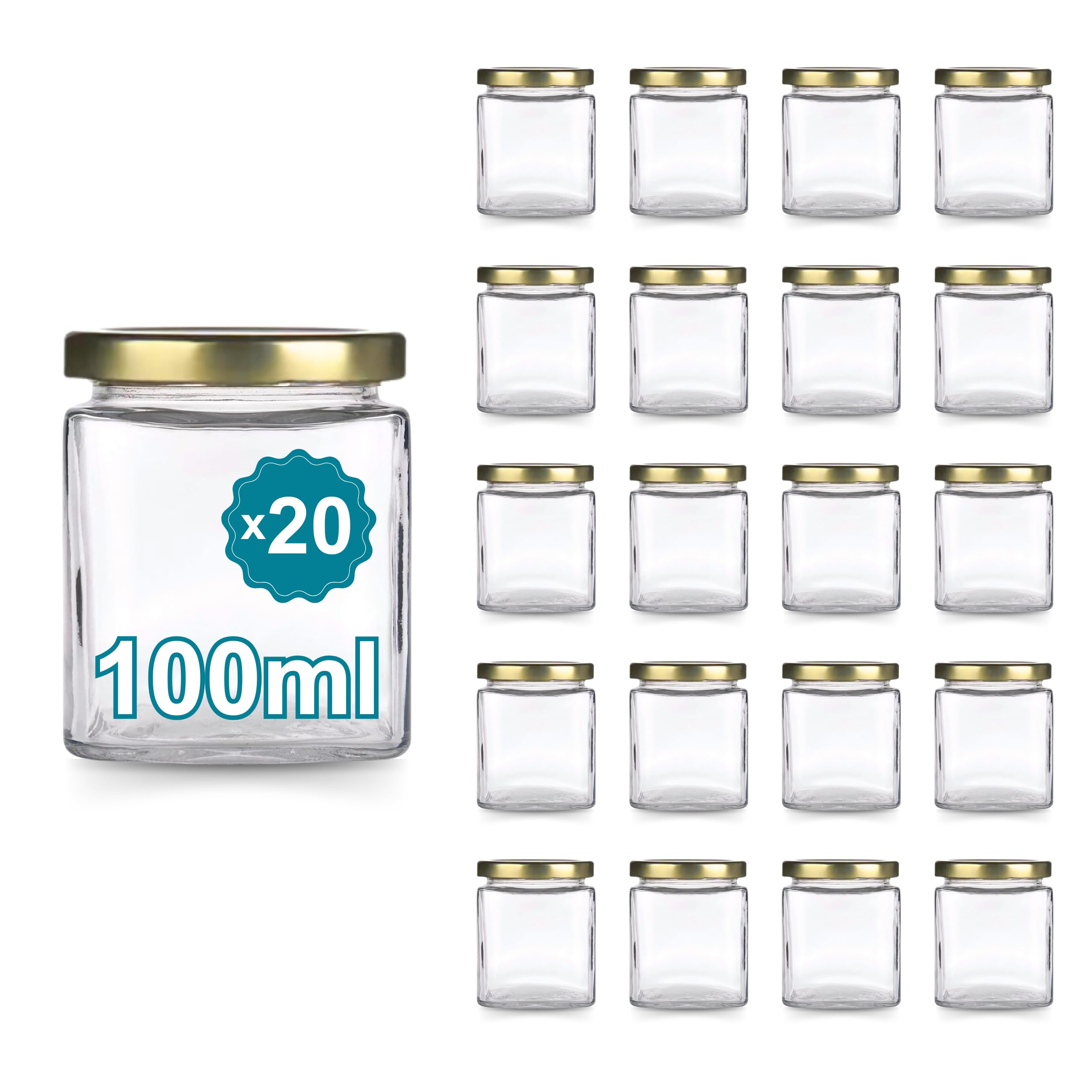 Espirito Rebelde Lot de 20 Pots en Verre Carrés 100 ml avec Couvercle Doré – Bocaux de Rangement pour Épices, Confiture et Yaourt | Cuisine Organisée