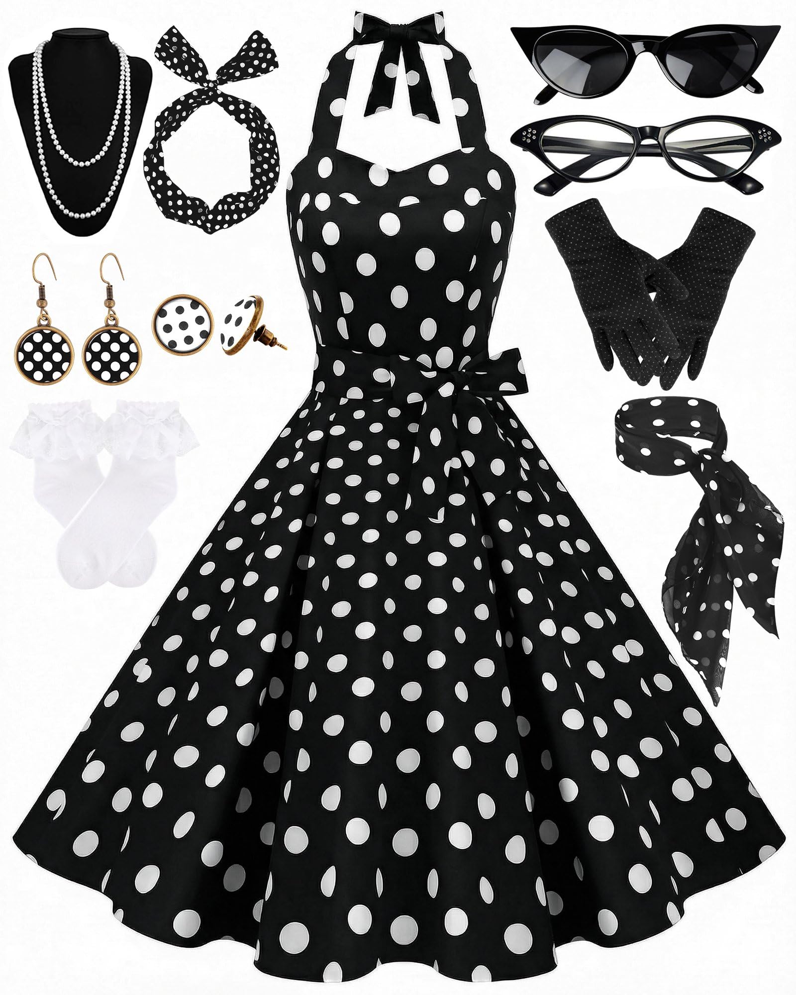 WILDPARTY Women's 1950s Polka Dress Set Vintage Outfit with Accessories(Black whitedot-XL)