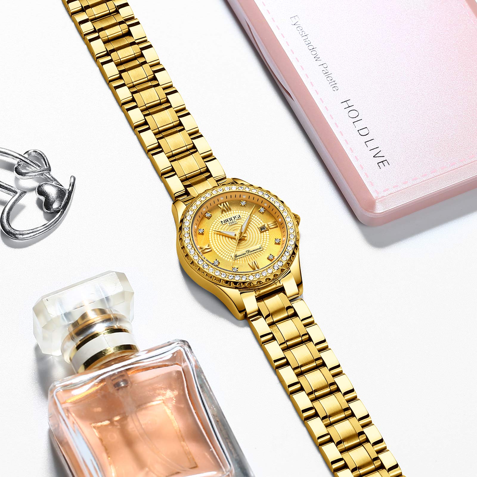 NIBOSI Reloj analógico de Cuarzo para Mujer, Esfera de Oro Rosa, Reloj de Pulsera de Lujo Impermeable con Diamantes de Acero Inoxidable para Mujer, Fecha automática