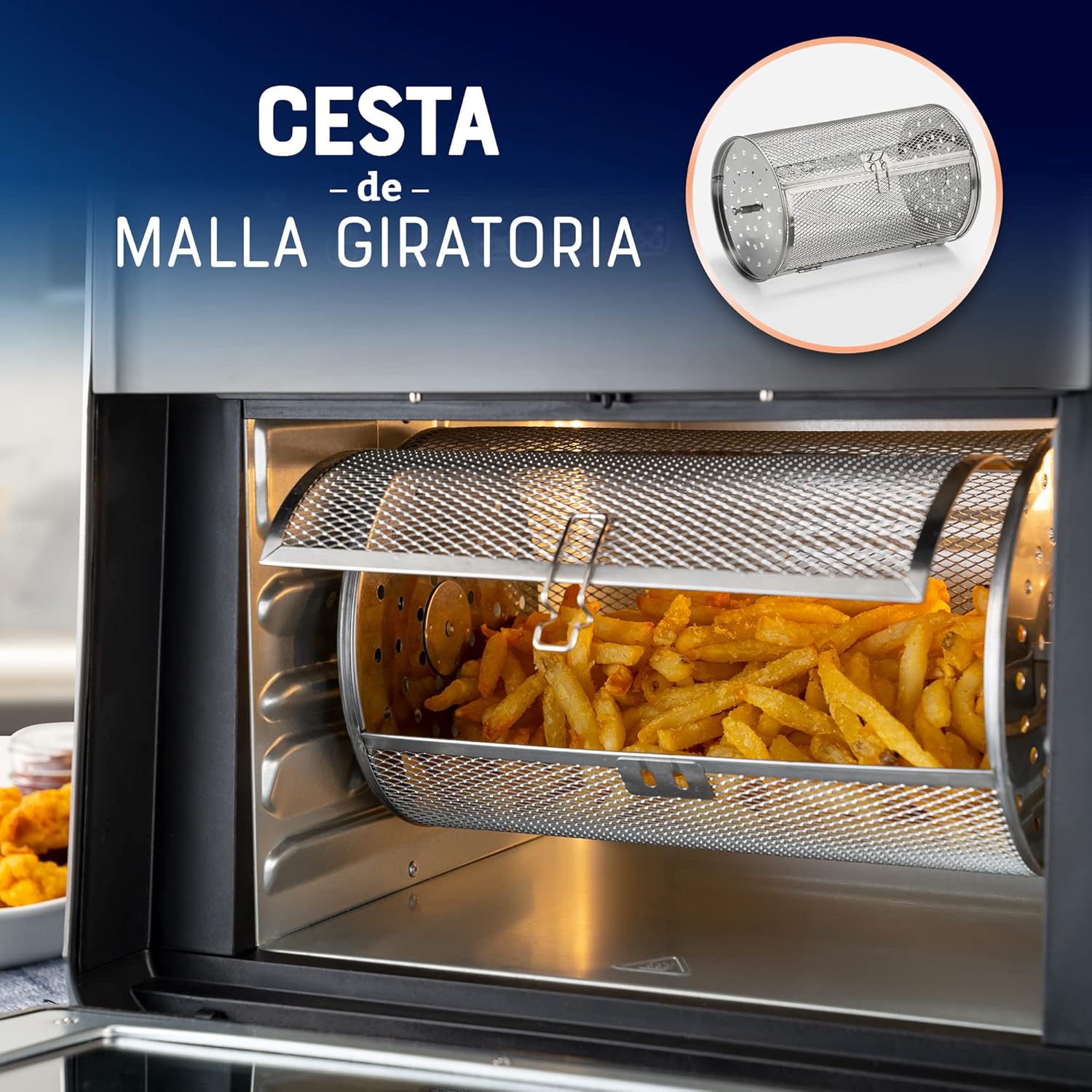 Close-up of rotisserie mesh basket with fries inside