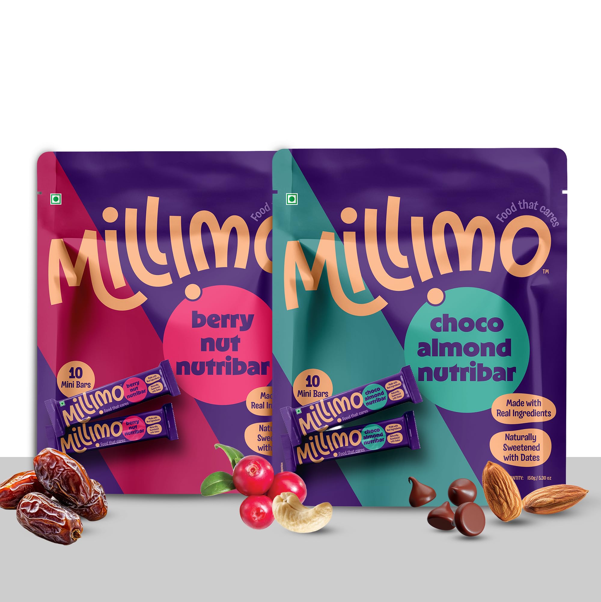 Millimo Healthy Nutribar Combo, Berry Nut x1 & Choco Almond x1, 300g, Pack of 2, No Refined Sugar, Dates Almonds Cashews Cranberries-image-26
