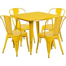 EMMA + OLIVER Commercial Grade Square Mint Green Metal Indoor-Outdoor Table Set-4 Stack Chairs