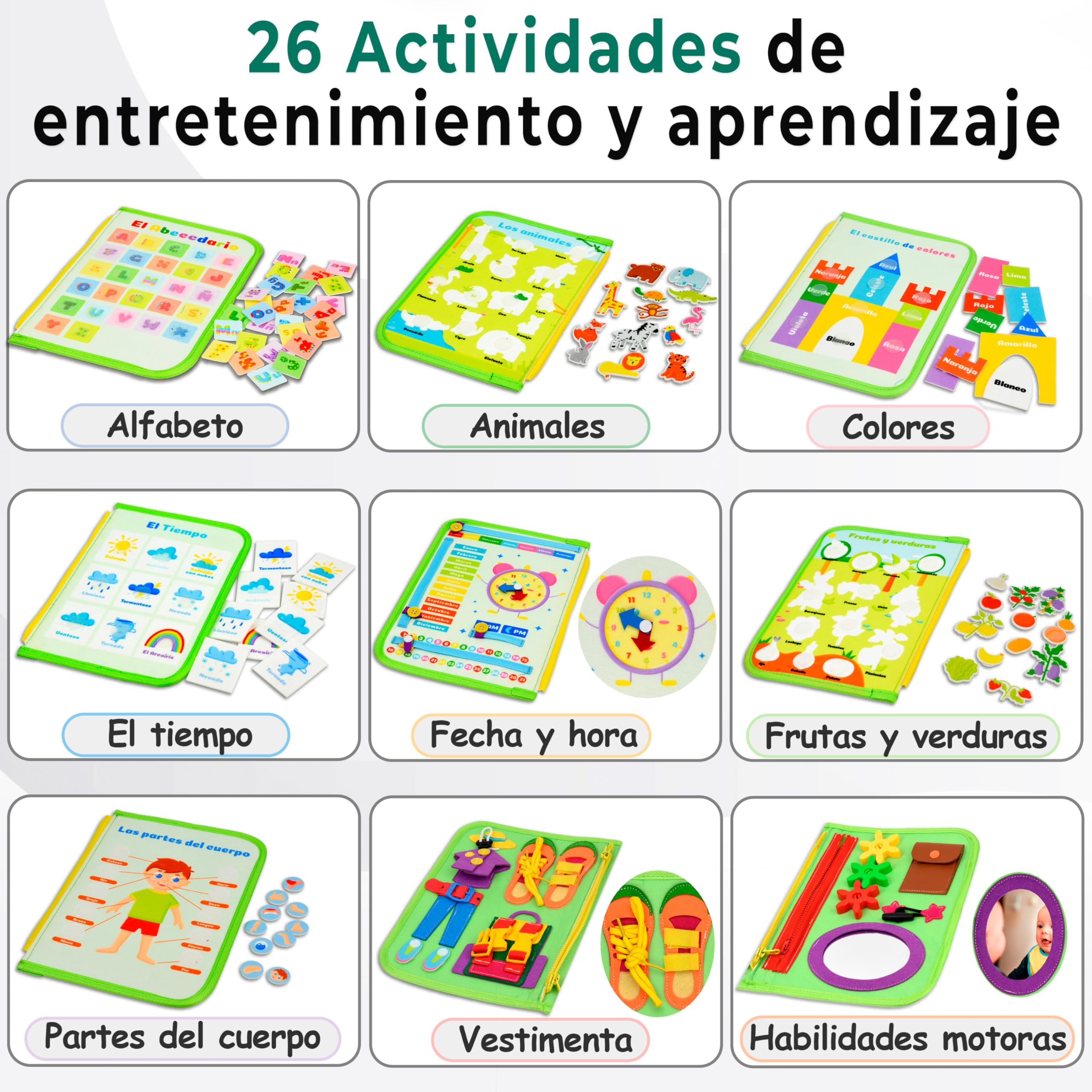 Busy Board Montessori Español | Libro Sensorial Montessori 10 Capas +26 Actividades | Juguetes Educativos 2 3 4 Años | Motricidad Fina | Maletín Busy Book Fieltro | Regalo Niño Niña