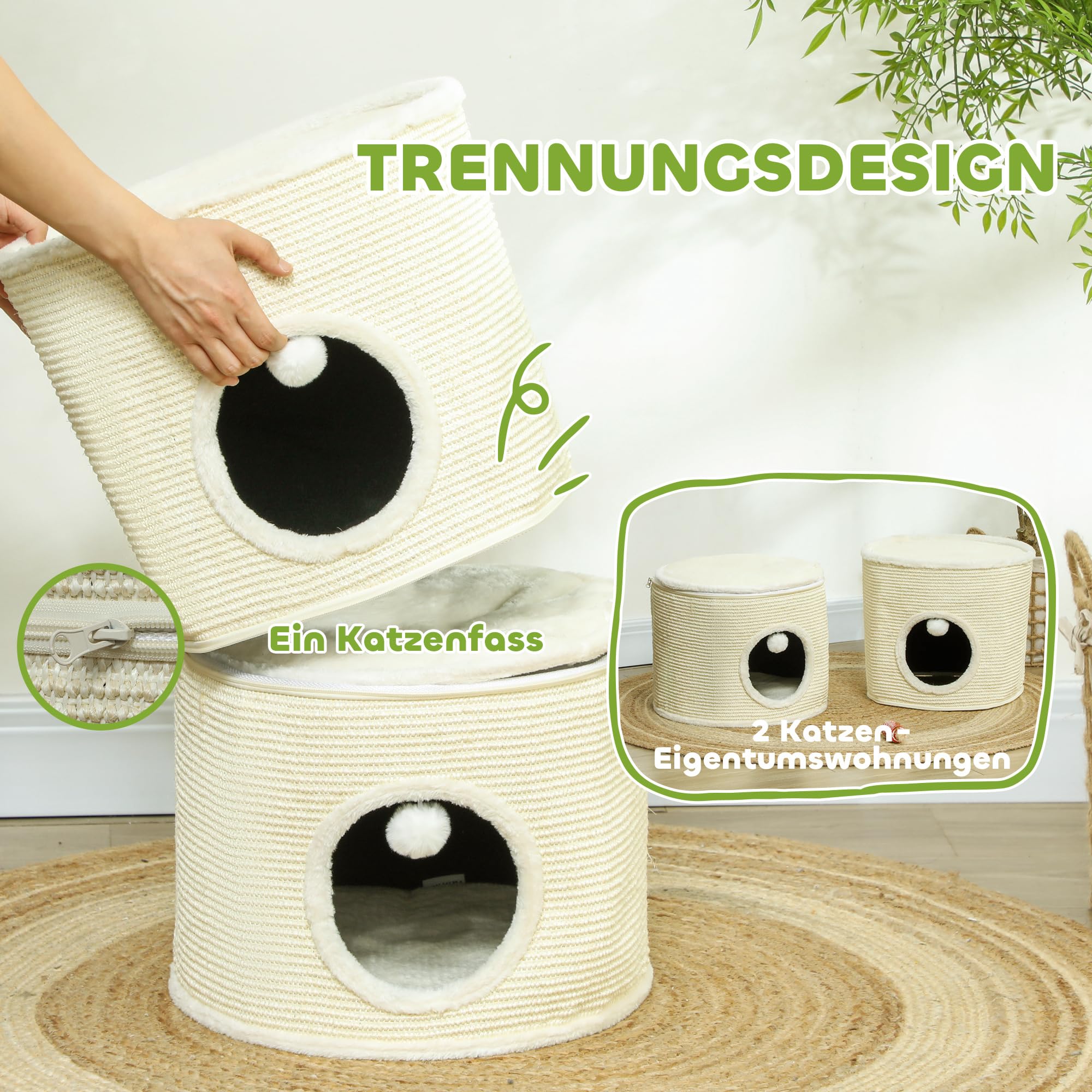 PawHut Kratztonne, 69 cm Hoch Katzentonne Teilbare Kratzbaum mit 2 Höhle, Spielball, Katzenturm, Katzenturm für Katzen bis 5 kg, Cremeweiß