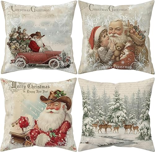Juego de 4 fundas de almohada vintage de Navidad de 18 x 18 pulgadas, fundas de almohada de doble cara, diseño de Papá Noel, ciervo, nieve, árbol de