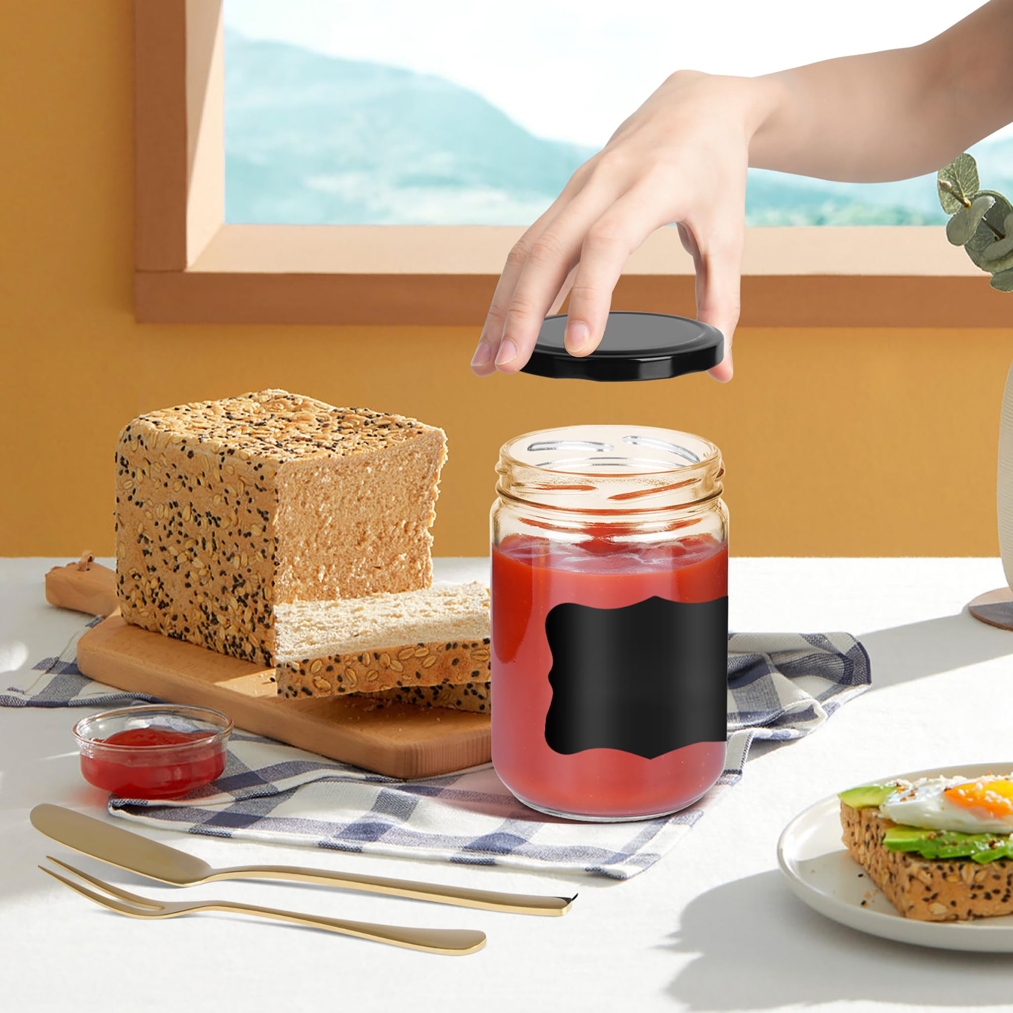 YRHome 350 ML con coperchio, barattoli per marmellata, 24 pezzi, con etichette, penna, spatola, per conservare alimenti, fai da te, regali, decorazioni nere