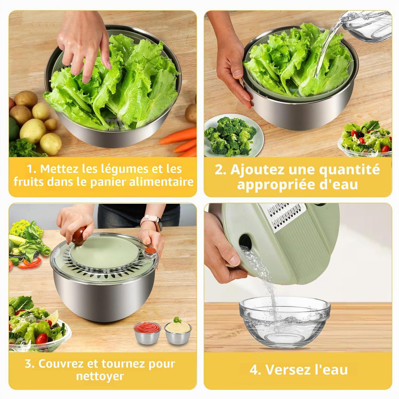 Essoreuse à salade en acier inoxydable avec fonction de coupe [5 accessoires différents] Essoreuse à salade par base antidérapante et entraînement à manivelle, séparateur de jaunes, bol