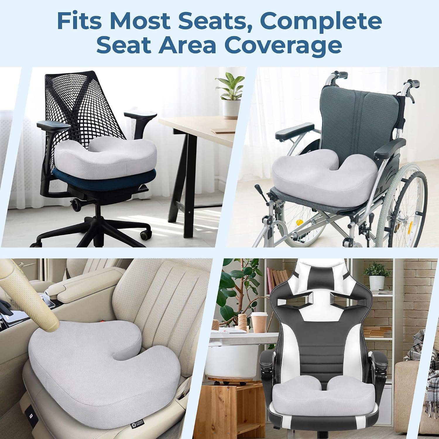 5 STARS UNITED Seat Cushion - Memory Foam Chair Cushion for Tailbone Pain Relief - Ergonomic Support for Coccyx, Sciatica & Butt - Office, Desk & Gaming Chair, Car Seat, Wheelchair, Light Gray Mesh image 5