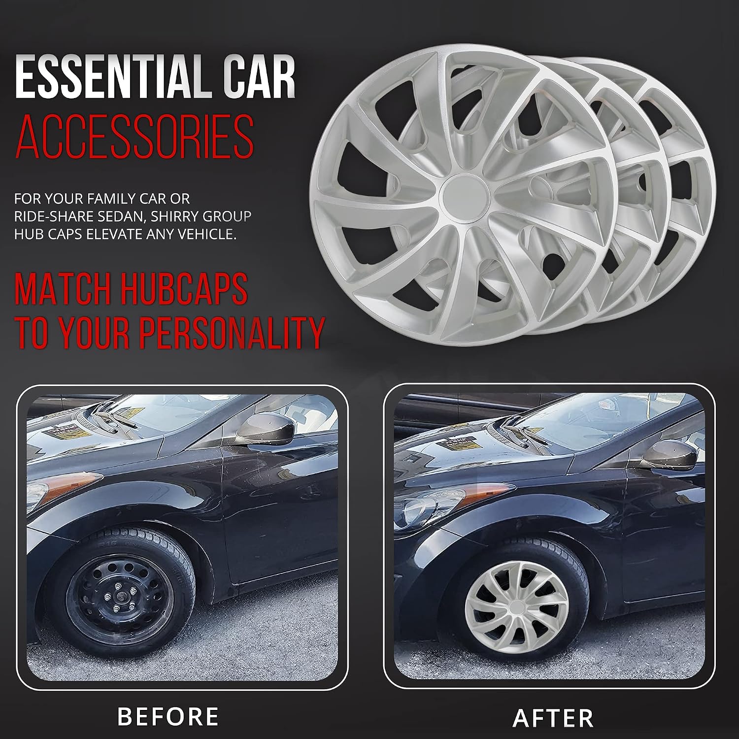 Shirry Group Hubcaps 4-Pack Kit, 15 inch Hub Caps Set of 4 Wheel Covers with Universal Snap-On Retention Rings, 1-Tone ABS Plastic Silver Car Rims for All Models (SG-5084-B-15)