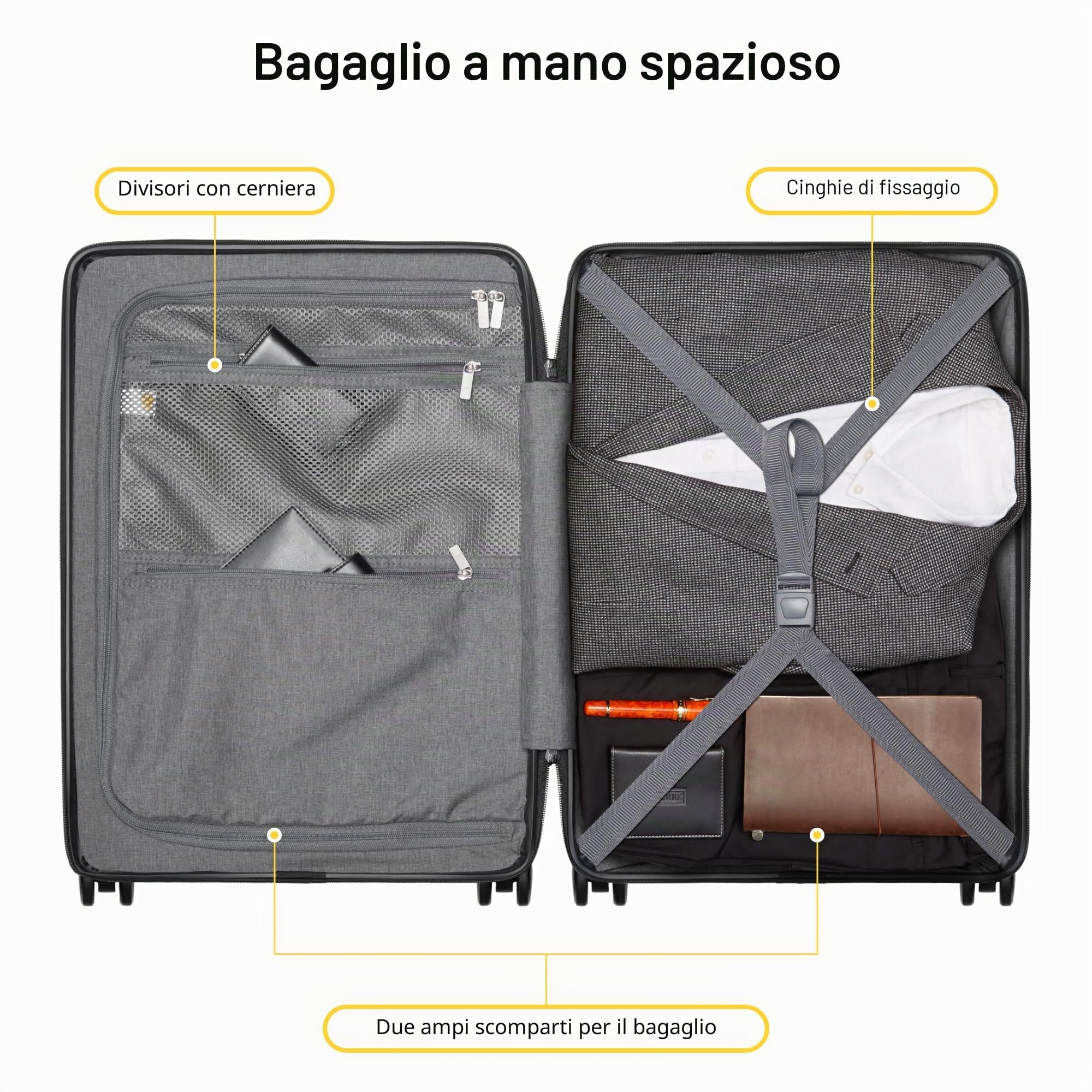 LEVEL8 Trolley Bagaglio a Mano con Tasca Frontale per Laptop, Valigia Trolley Rigido Ultra Leggero in PC Valigie con Chiusura TSA e 4 Ruote Doppie Girevoli, 55CM, 40L, Grigio