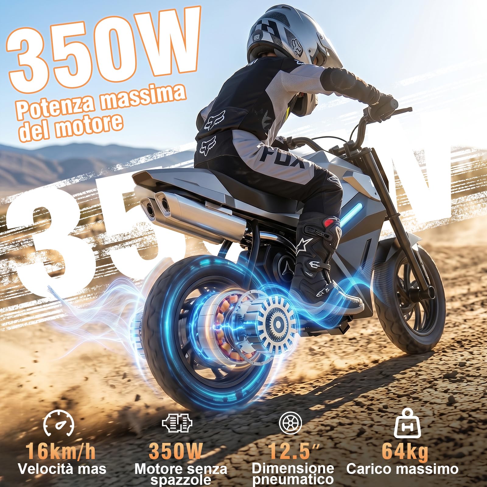 Motocicletta Elettrica per Bambini, Mini Moto Cross con Motore Posteriore 350W (Picco), Batteria al Litio 21.6V 4Ah, Autonomia 16km, Pneumatici Gonfiabili da 12.5", Freno a Disco, CE
