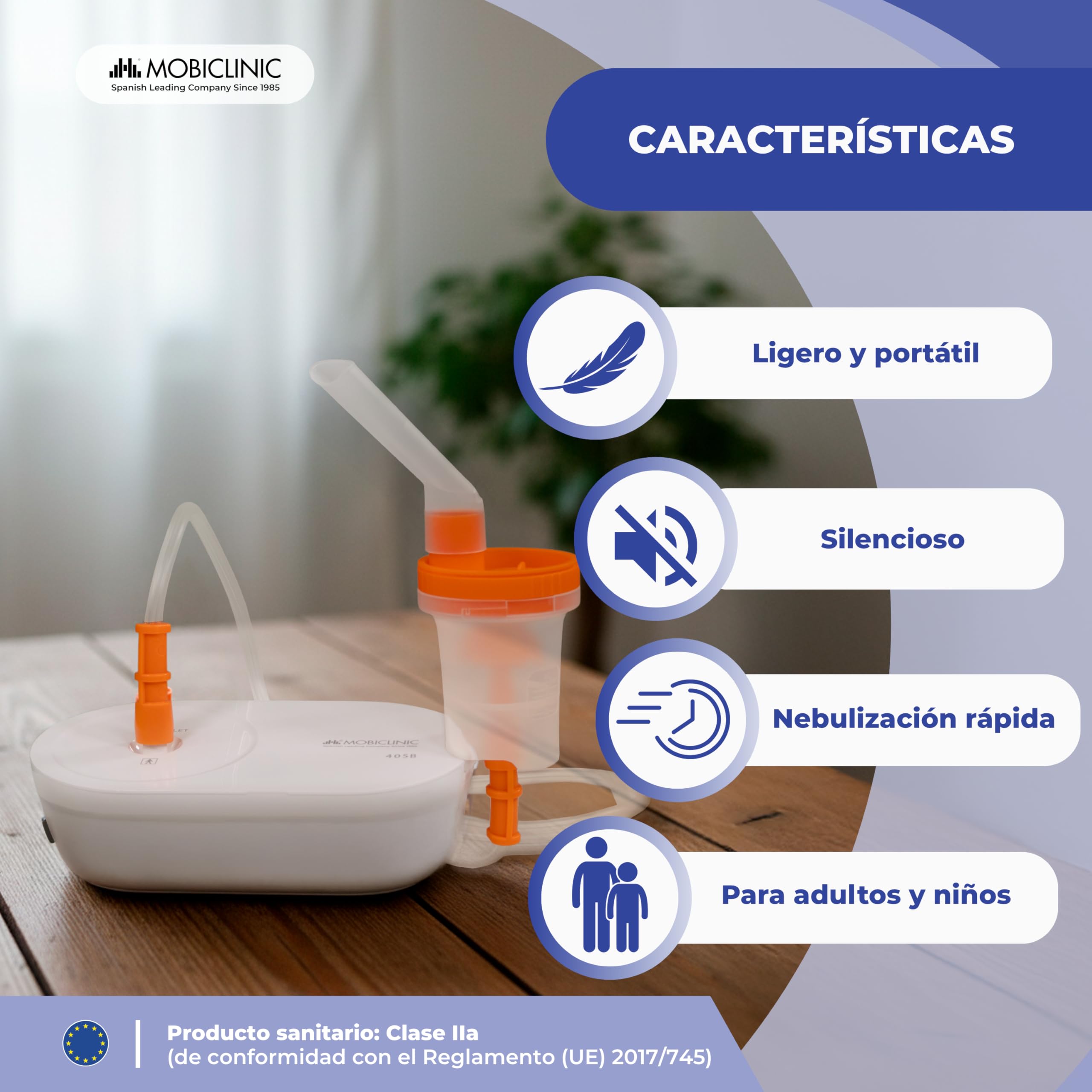 Mobiclinic®, Nebulizador, Adultos y Niños, Boquilla y 2 Mascarillas, Velocidad Máxima 0,2 ml/min, Silencioso, Volumen 3.9 ml, Portátil, Asma, Alergias, Nebumobi2