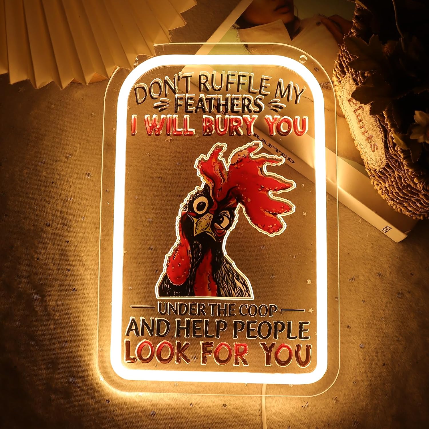 Don‘t Ruffle My Feathers Funny Chicken Neon Sign – Dimmable USB Powered LED Light with UV Printed,LED Signs for Farmhouse Kitchen Coop Man Cave, Gift for Chicken Lovers Poultry Farmers,11.8 × 7.9 IN