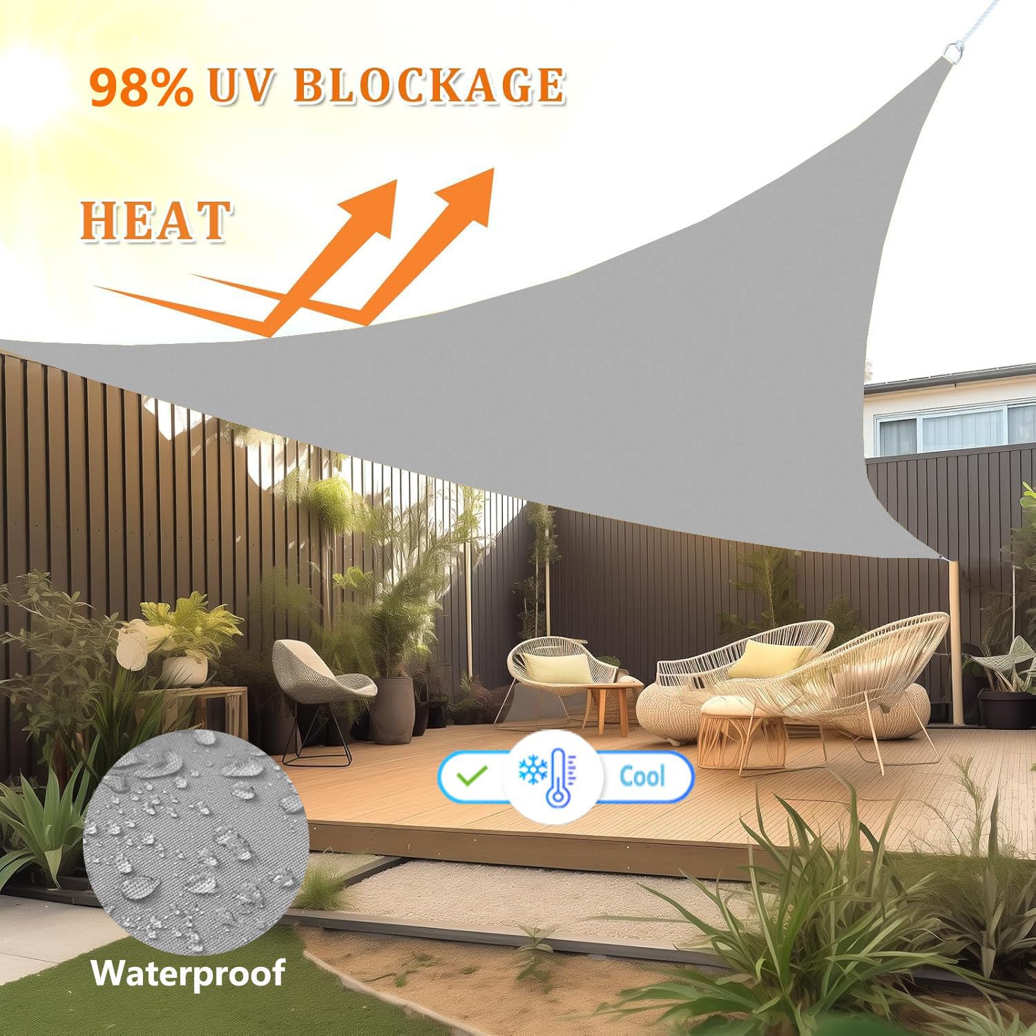Sonnensegel Wasserdicht Dreieckig Viele Farbe Größe Balkon Sonnenschutz 98% UV Schutz Segeltuch Sonnensegel Markise Reißfest Wetterfest mit D-Ring und Kordel für Balkon Terrasse Garten 1.6x1.6x1.6M