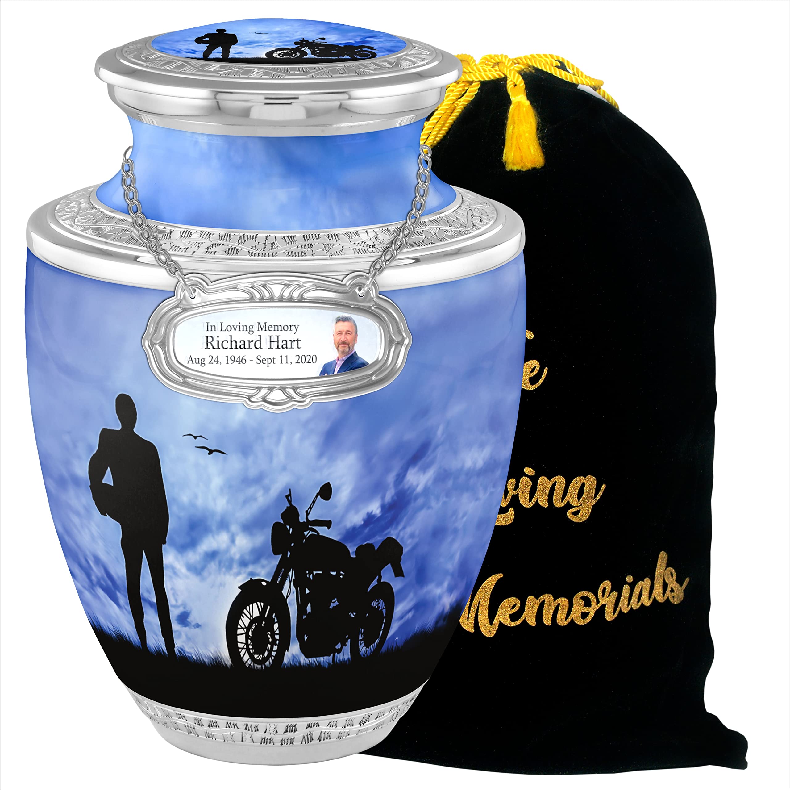 Biker Cremation Urns for Adult Ashes Male Female - Handcrafted Funeral Decorative Urns for Ashes Adult Male with Velvet Bag (Ride in Peace Azure Free