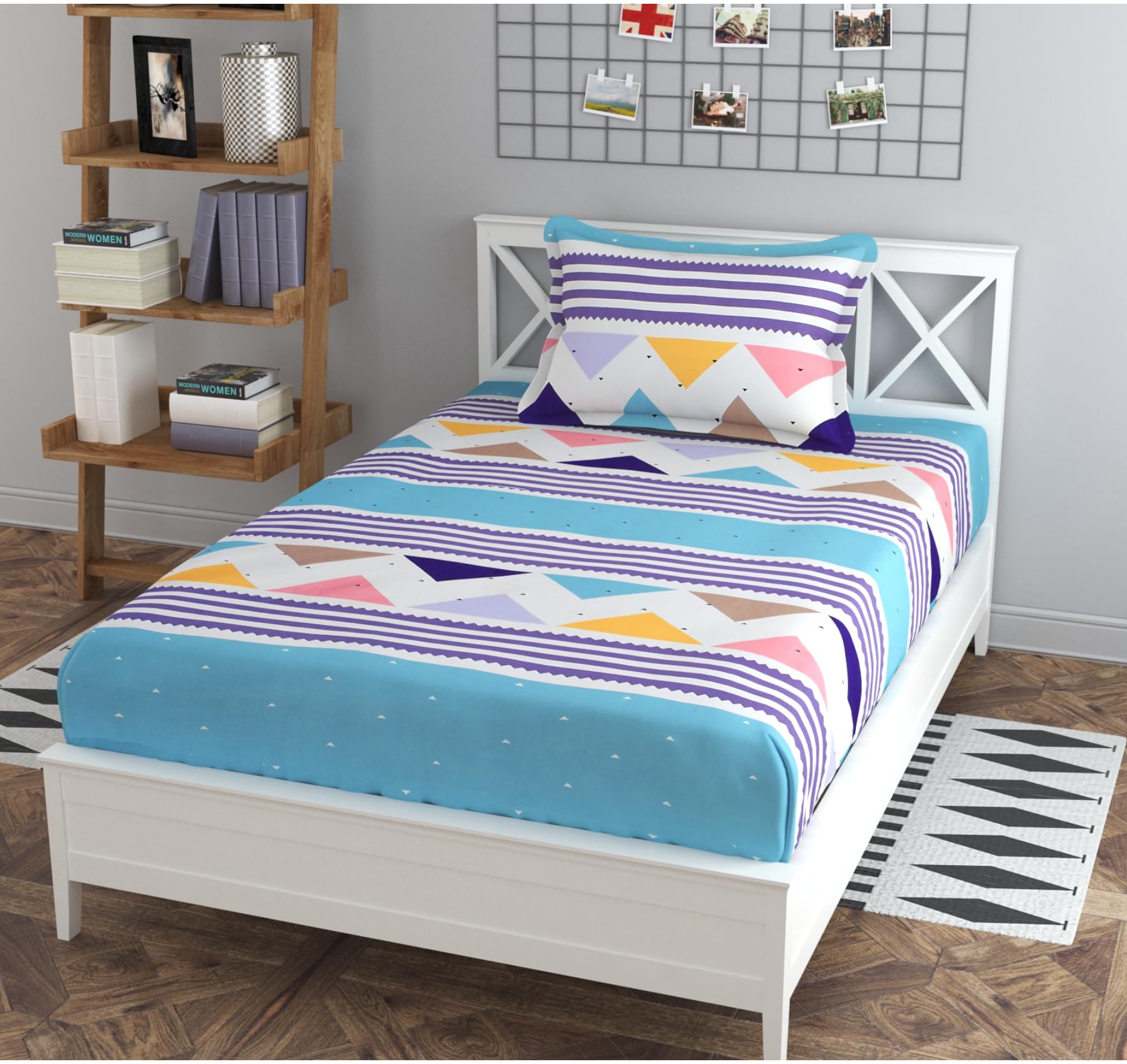 Tript Elastic Fitted Glace Cotton Single Bed (72x48 inches Upto 6 Inches) bedsheet with 1 Pillow Cover - 200TC ( 4Feet by 6 Feet) Multi Colour Triangle (B0CSG2F14T) Amazon Price History, Amazon Price Tracker