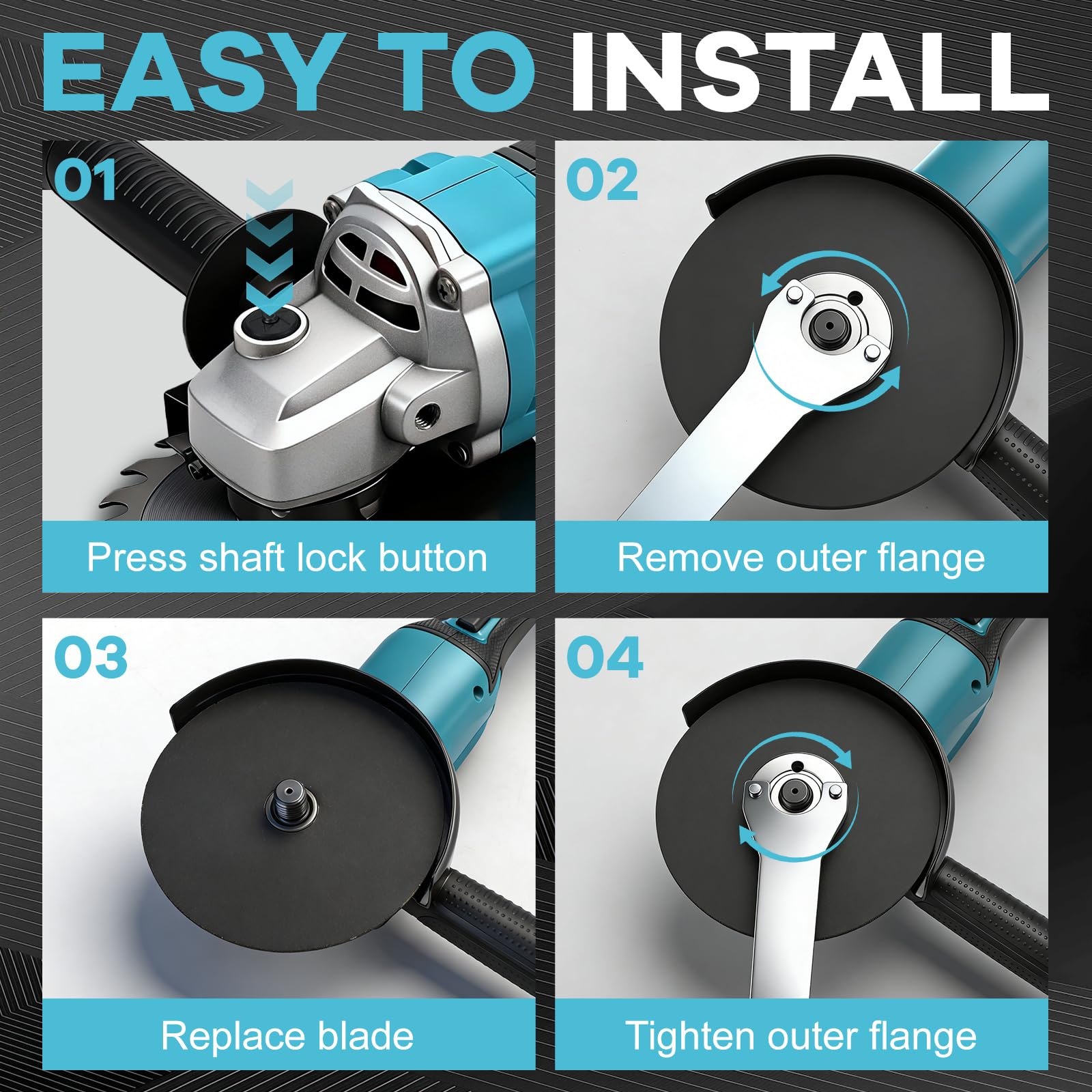 125mm Amoladora angular inalámbrica compatible con Makita 18V batería (sin bateríe), 900 W, 9000 rpm, amoladora angular sin escobillas con 3 velocidades, 12 discos, mango adicional y caja de plástico